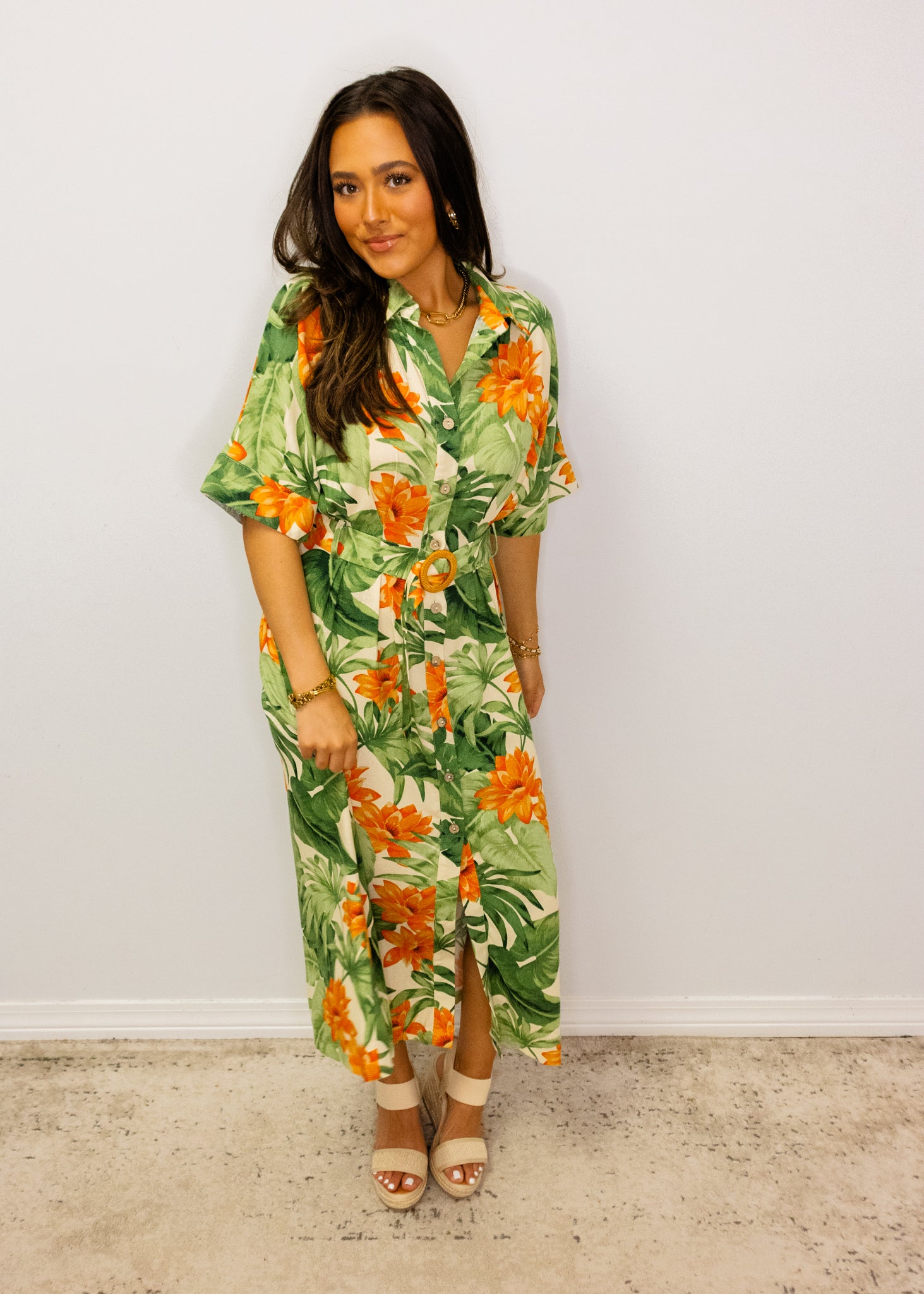 Green Tropical Button Midi Dress