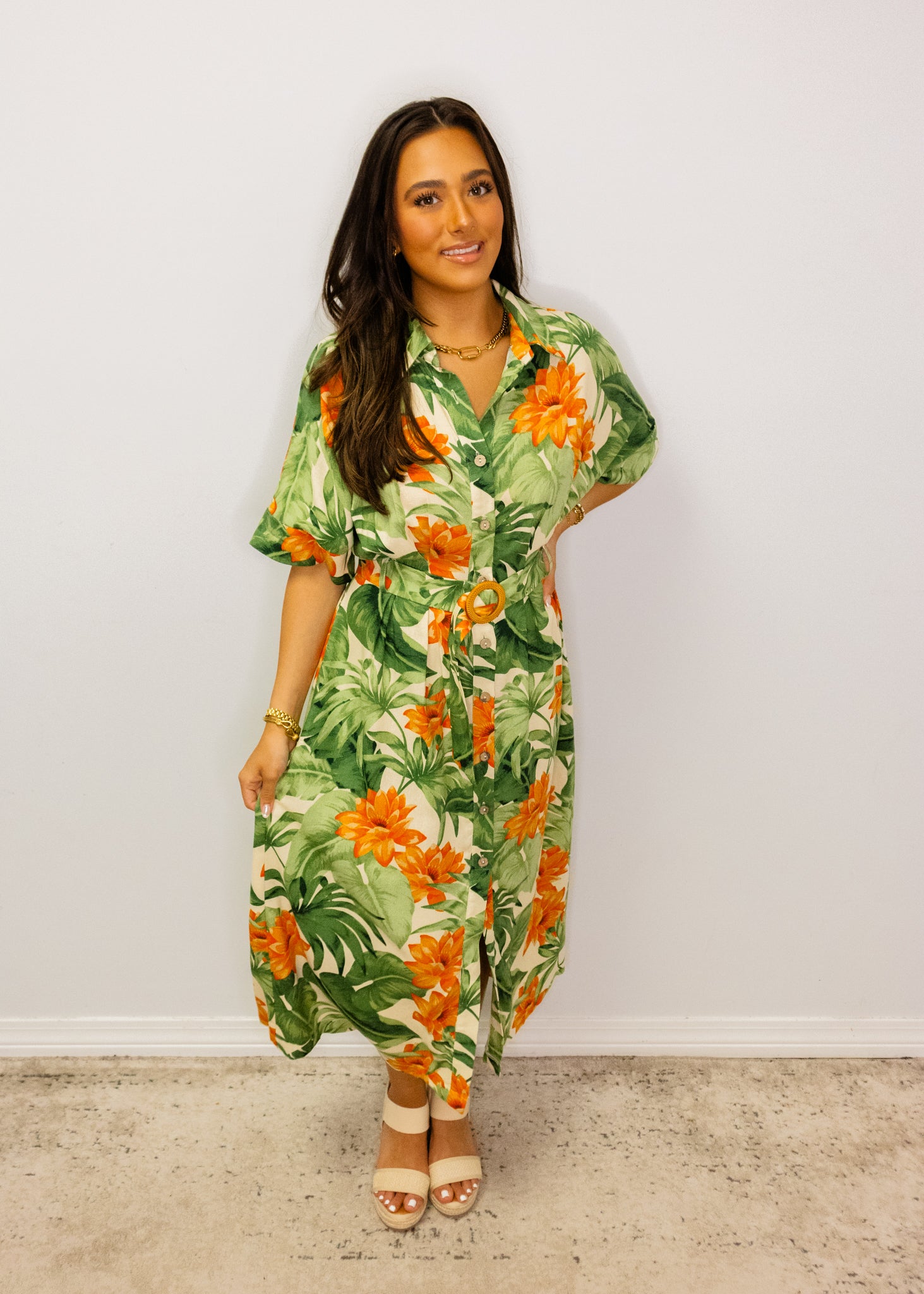 Green Tropical Button Midi Dress