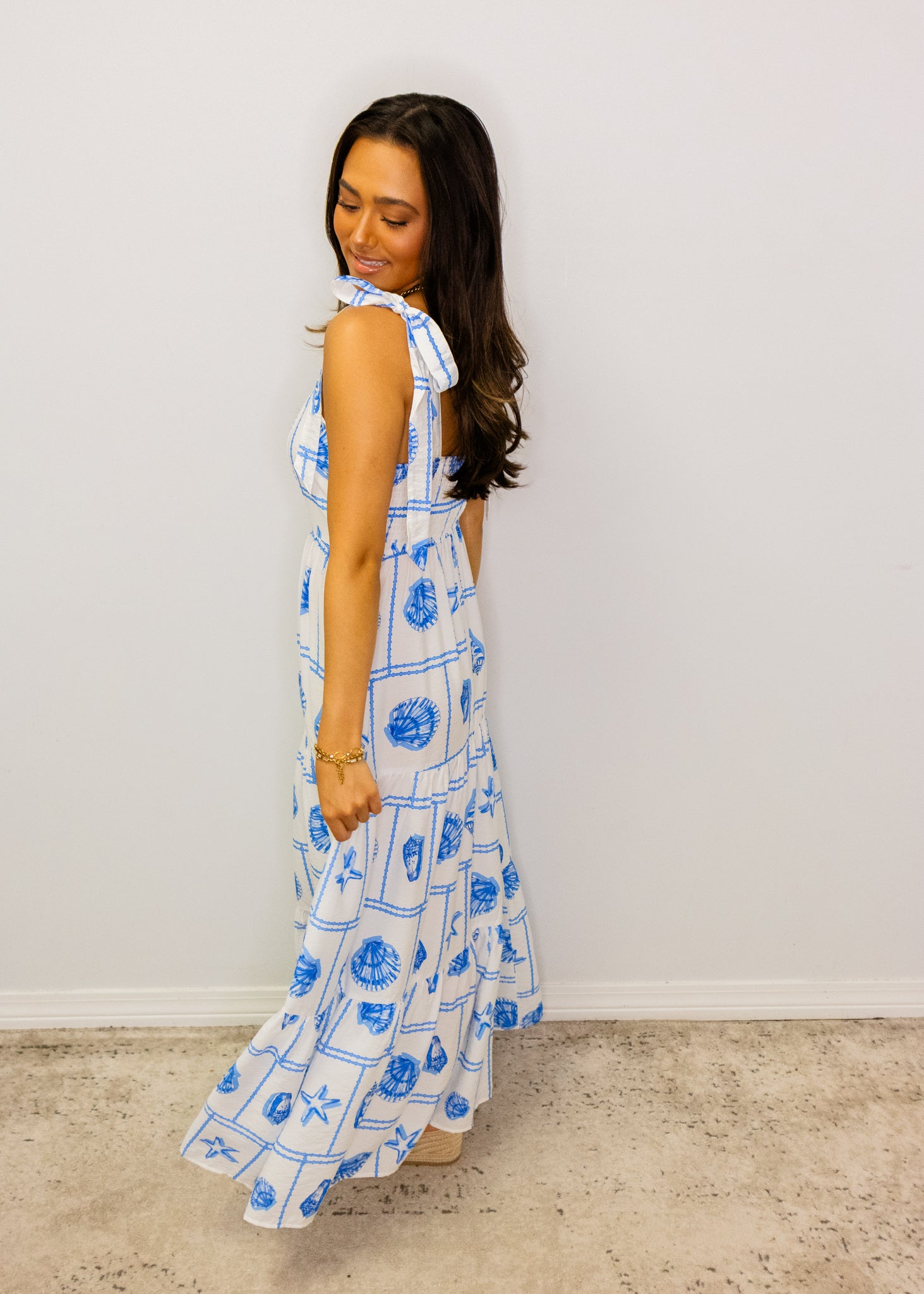 Blue Seashell Print Midi Dress