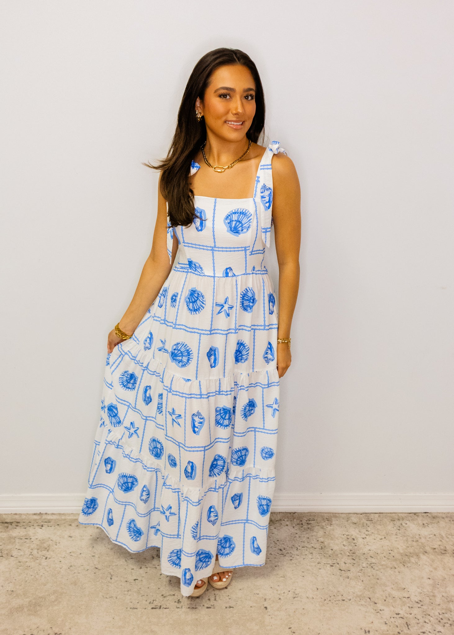 Blue Seashell Print Midi Dress