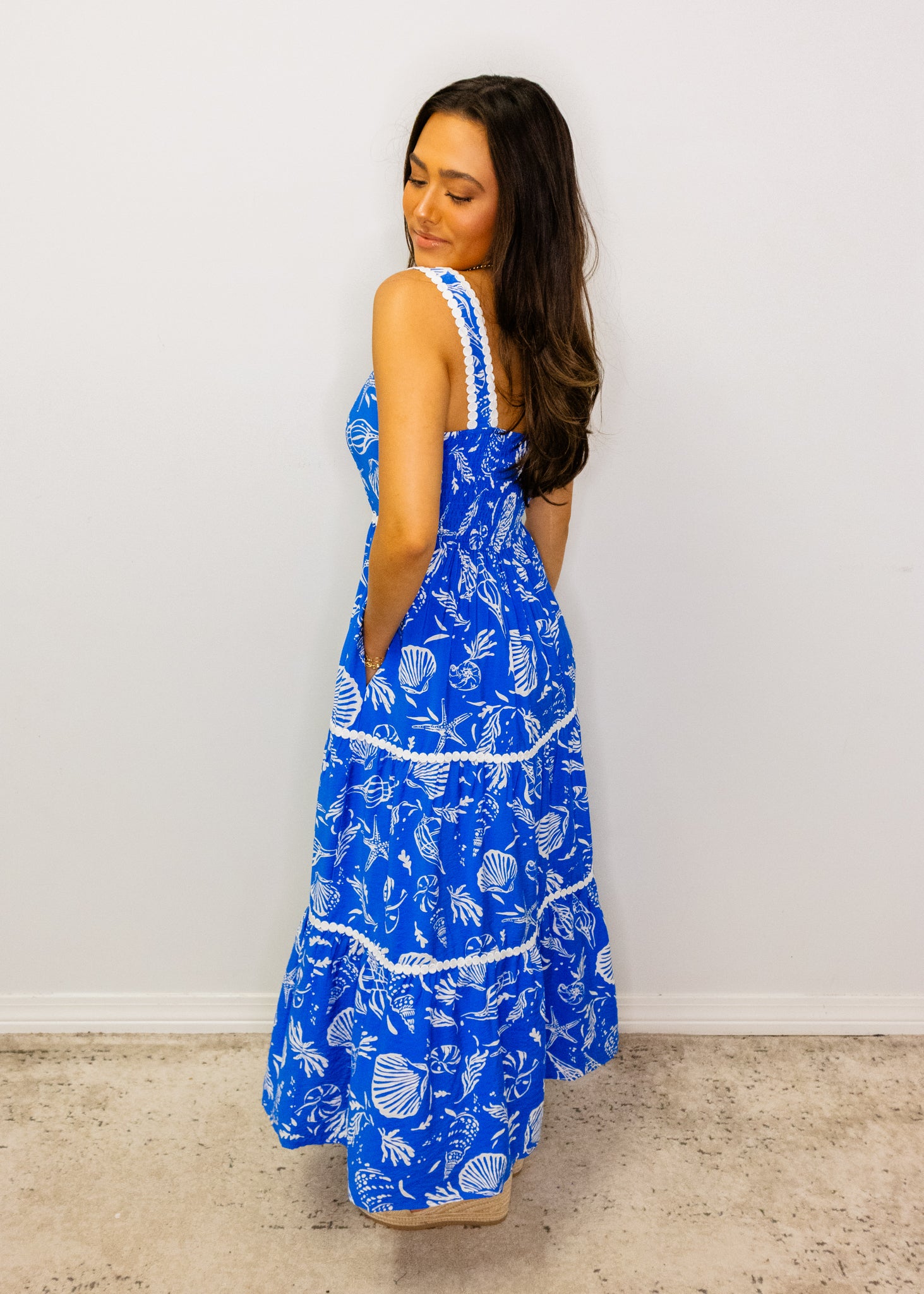 Blue Sea Life Print Midi Dress