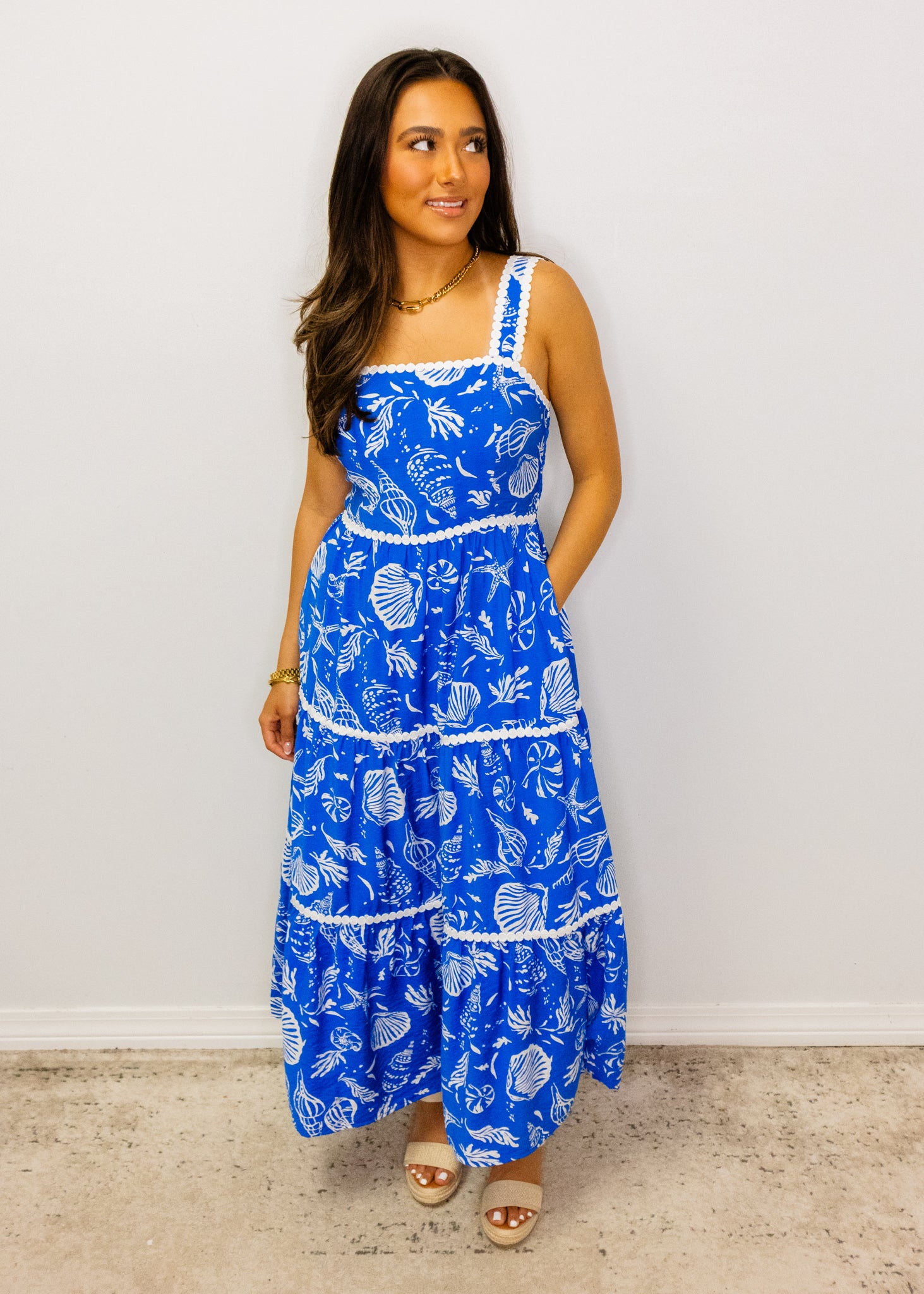 Blue Sea Life Print Midi Dress