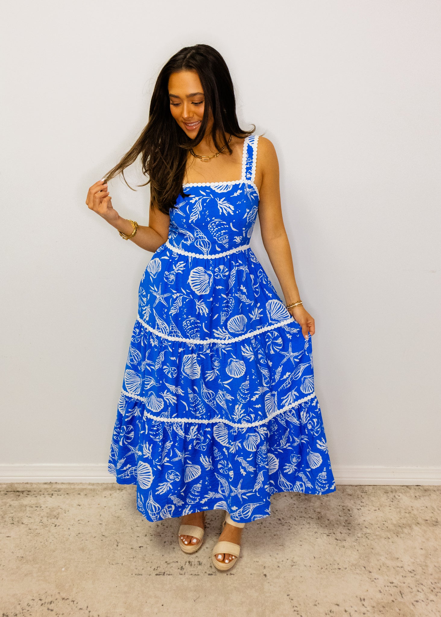 Blue Sea Life Print Midi Dress