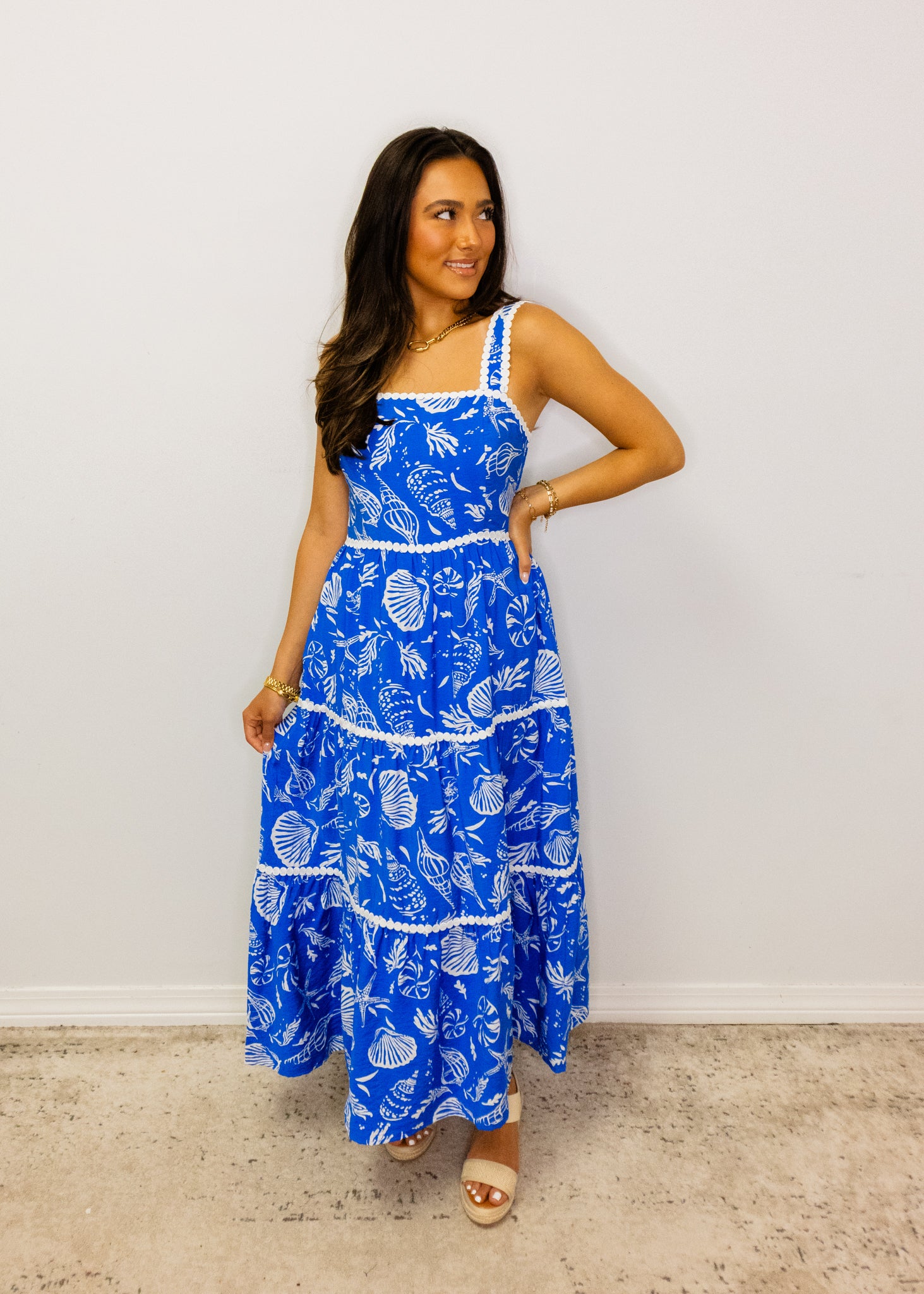 Blue Sea Life Print Midi Dress