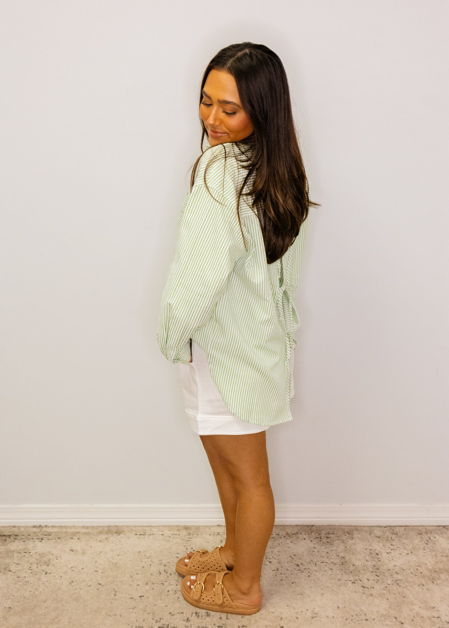 Green Striped Button Up Top