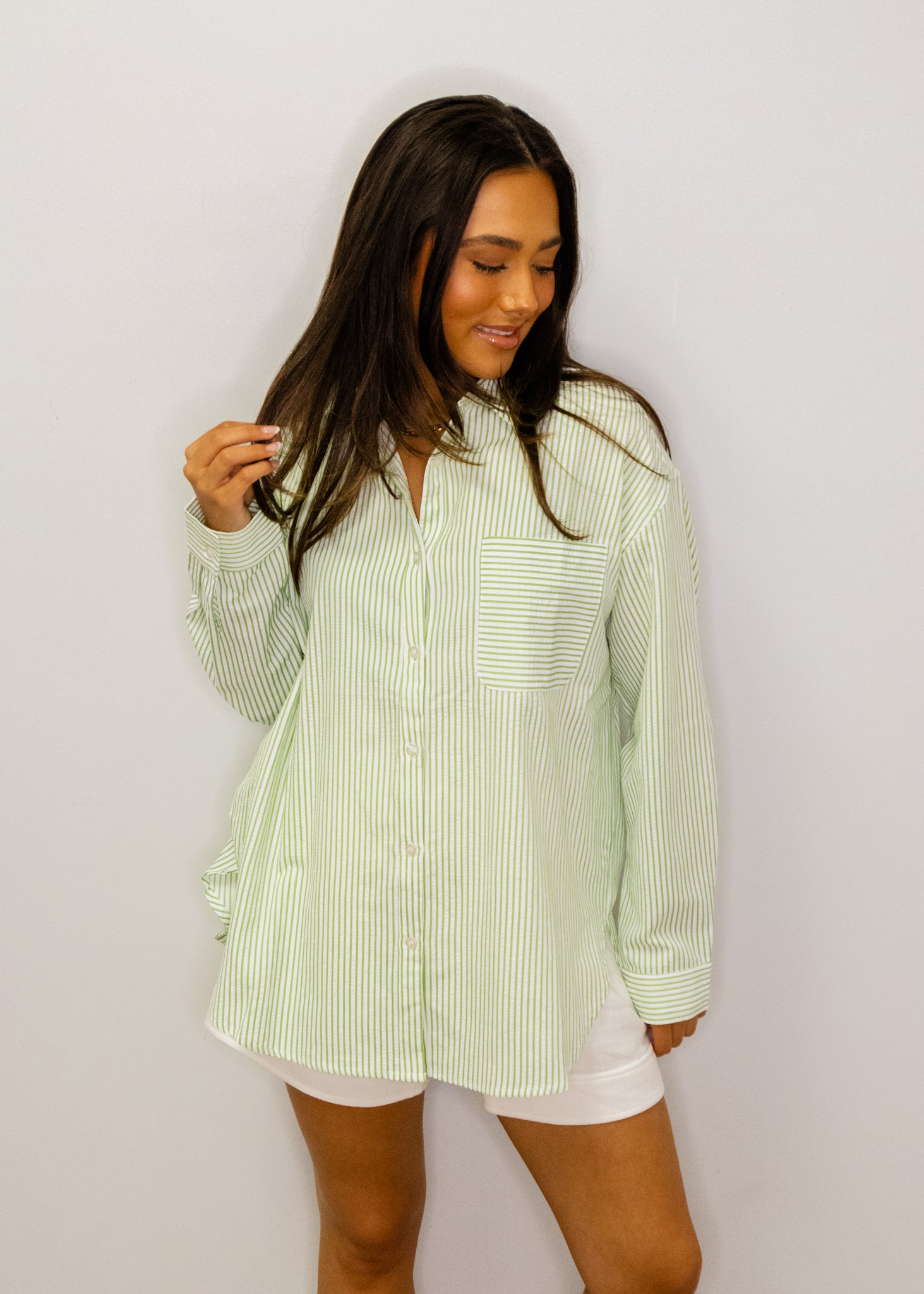 Green Striped Button Up Top