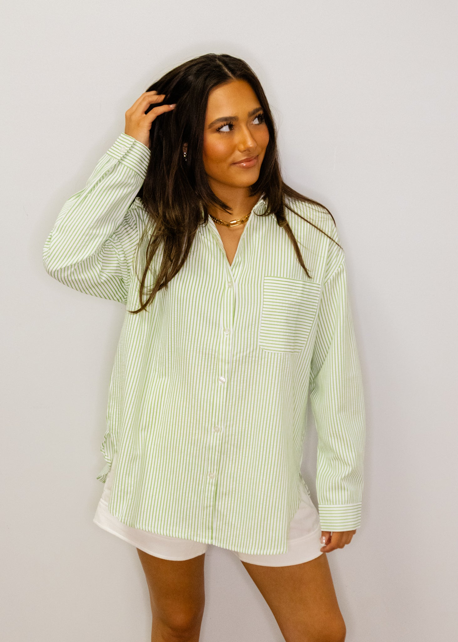 Green Striped Button Up Top