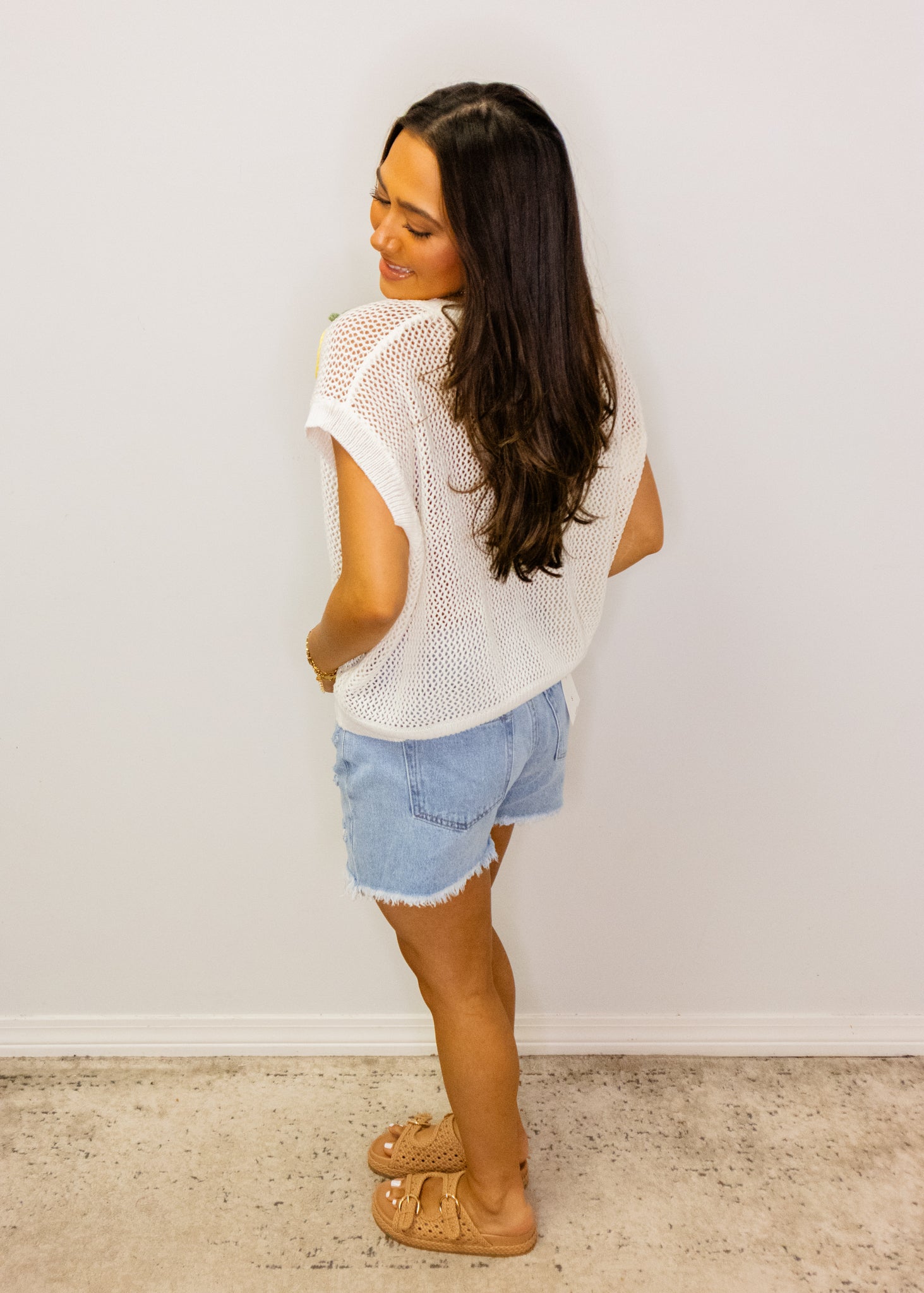 White Mesh Lemon Applique Top