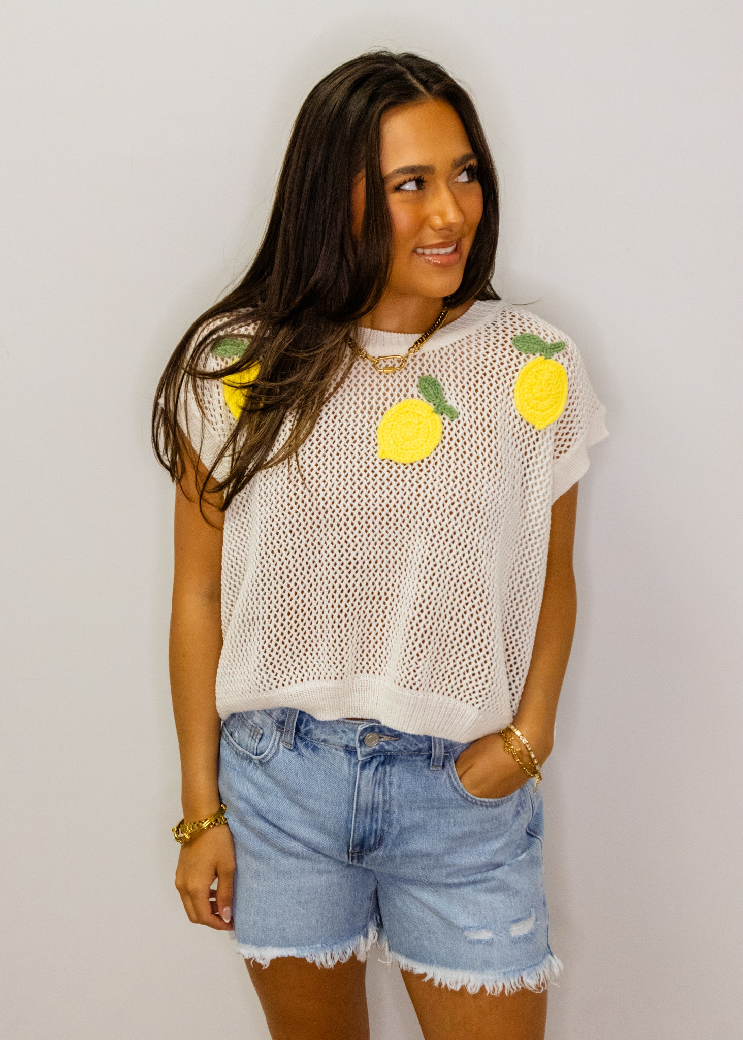 White Mesh Lemon Applique Top