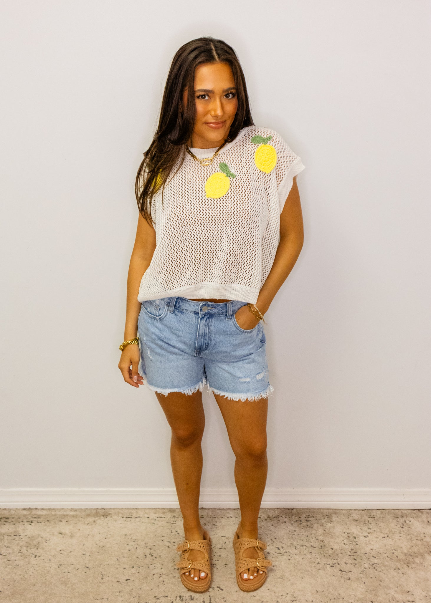 White Mesh Lemon Applique Top