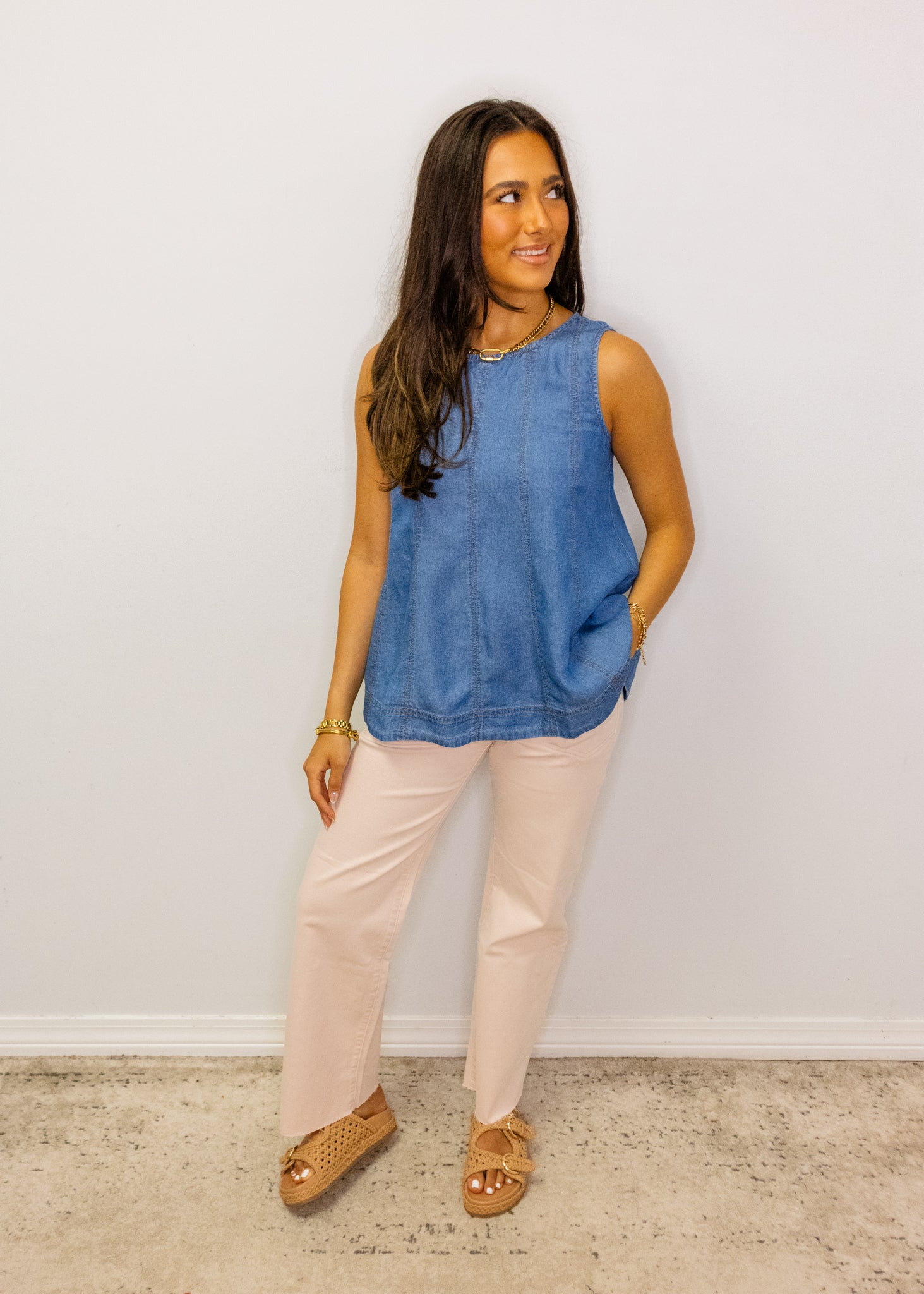 Denim Stitch Detail Swing Top