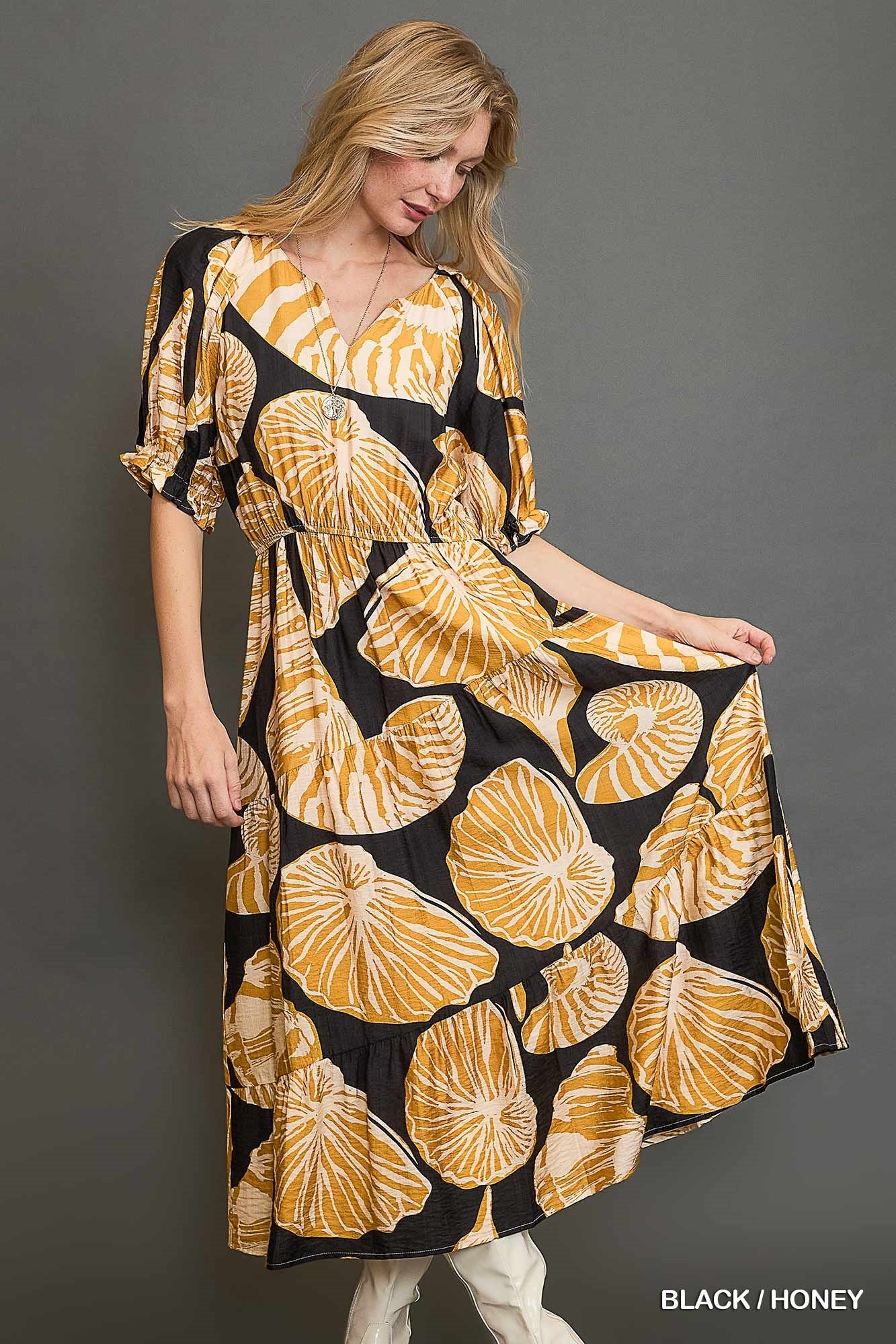 Black & Mustard Floral Midi Dress