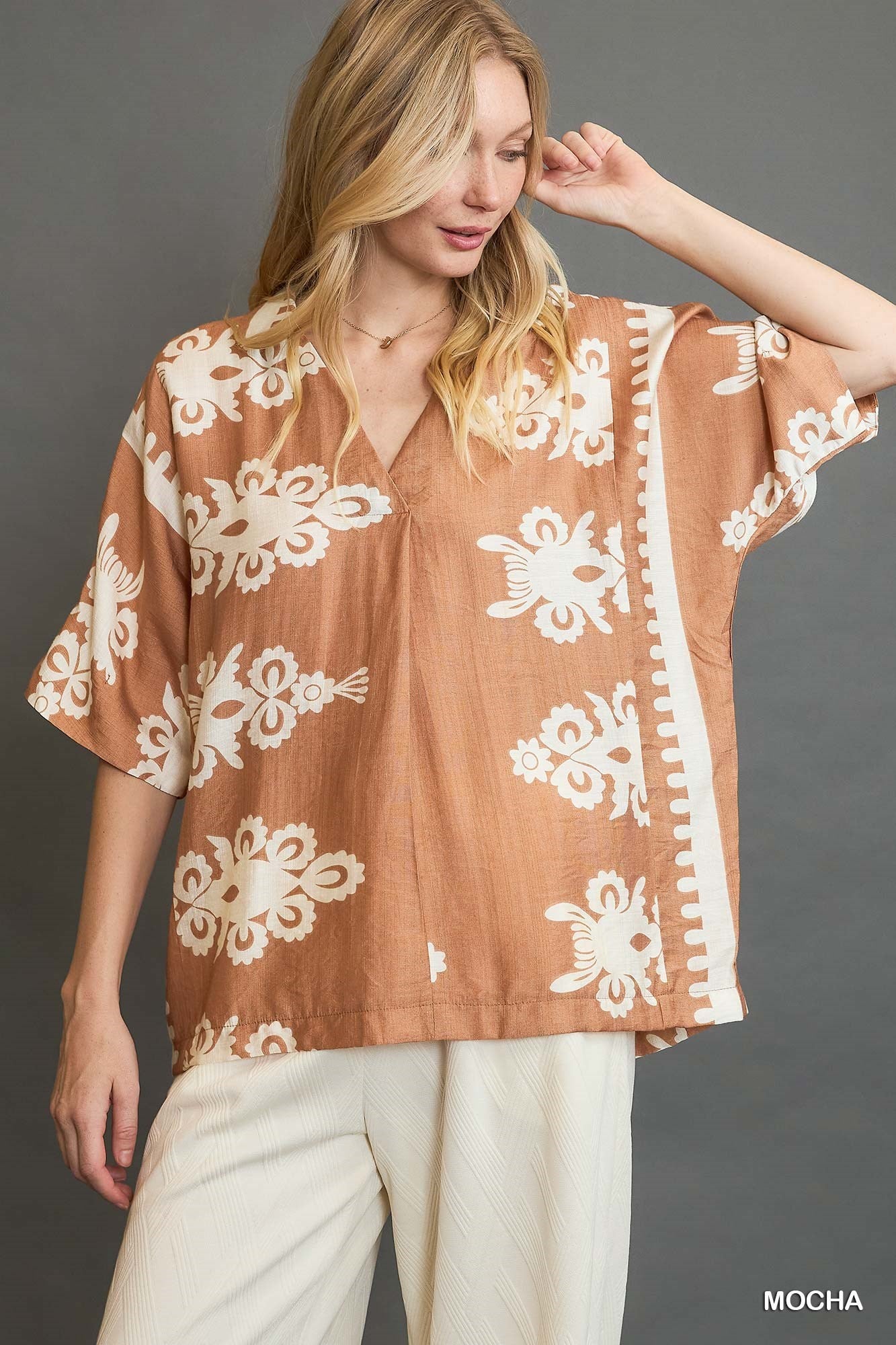 Mocha Print V-Neck Top