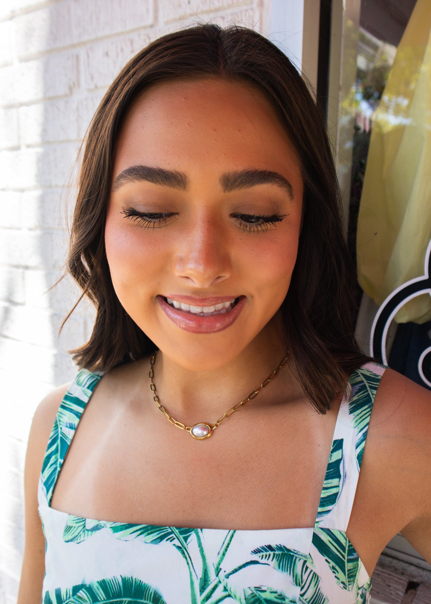 Gold Paperclip Oval Pearl Necklace
