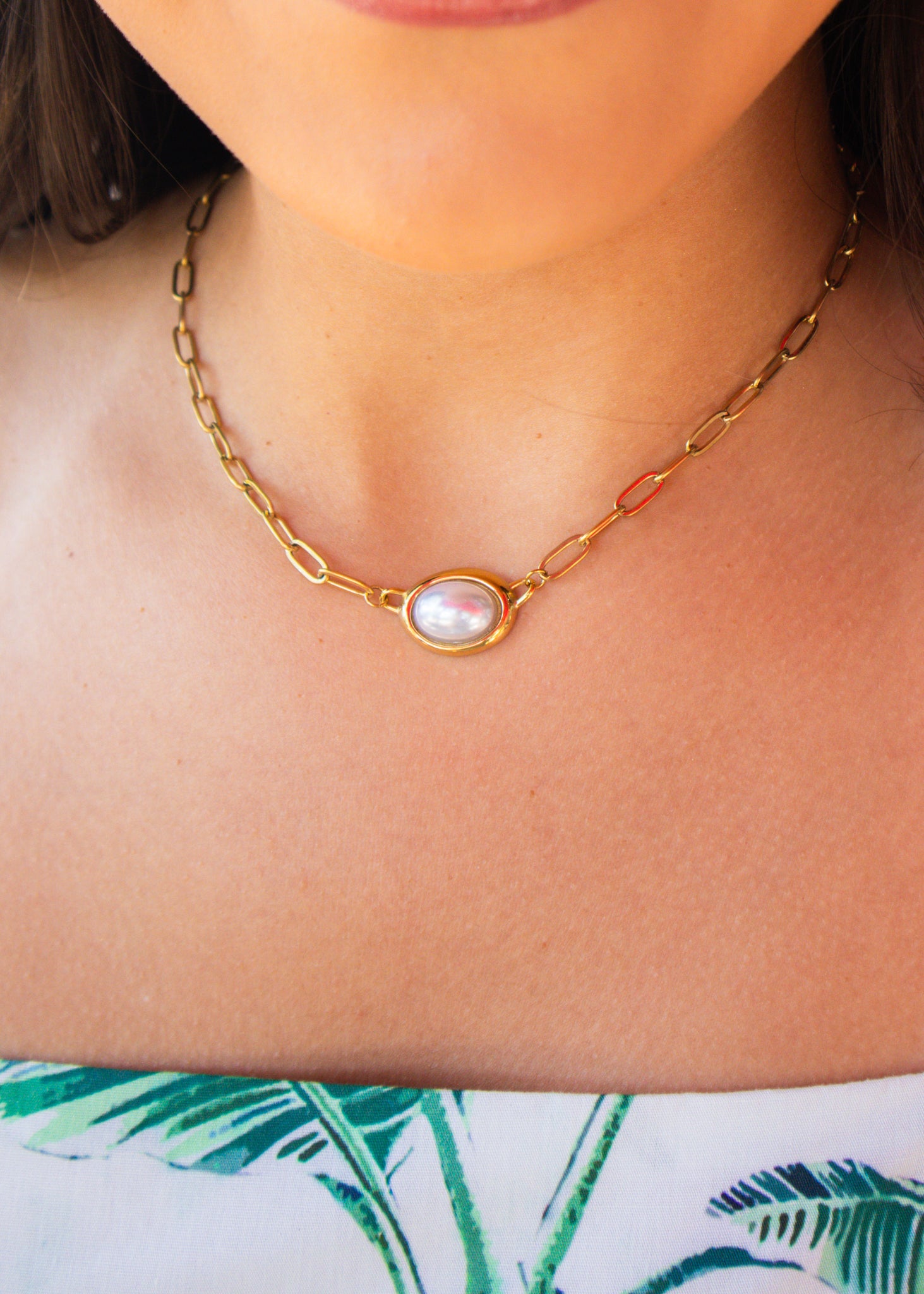 Gold Paperclip Oval Pearl Necklace