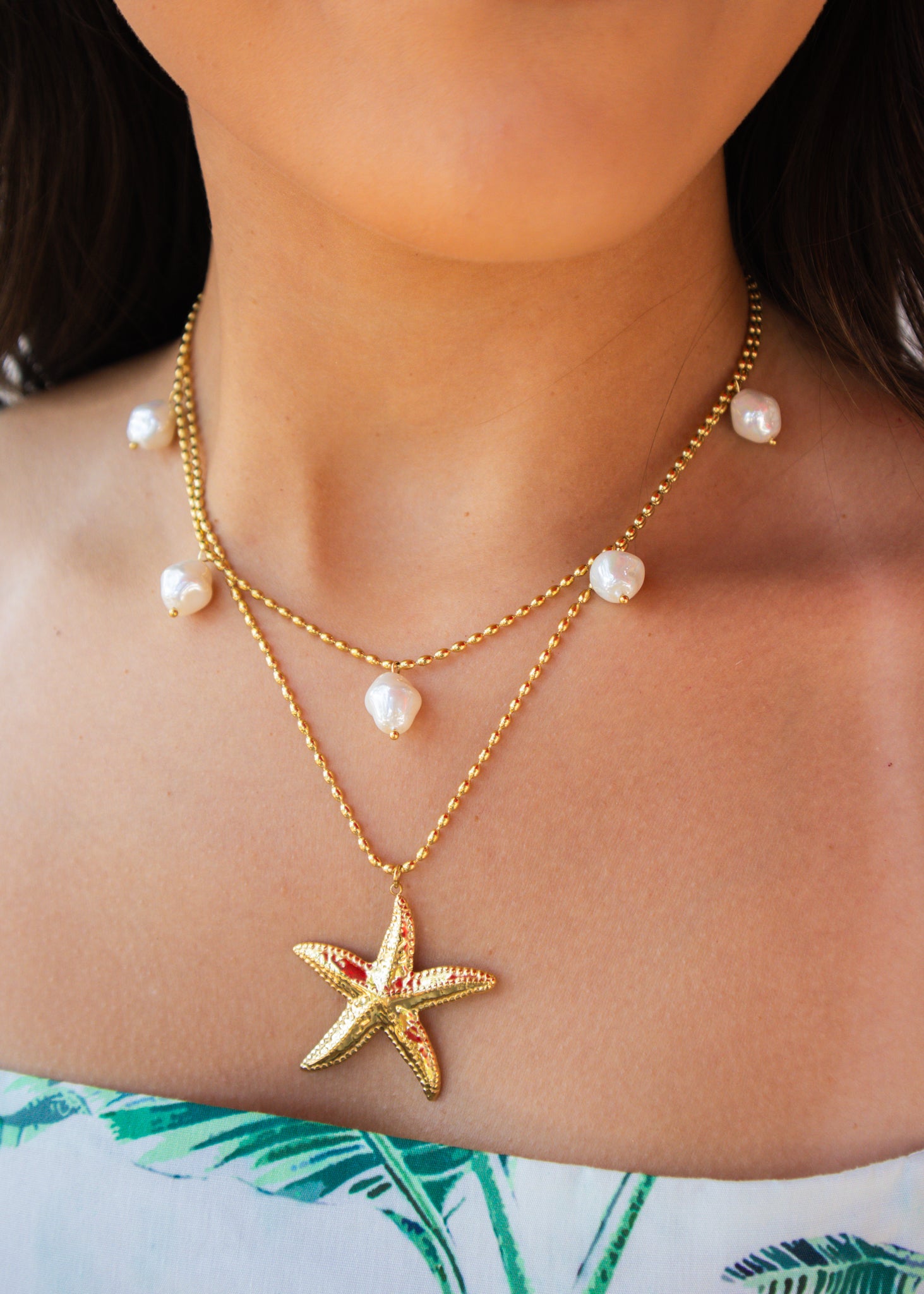 Gold Pearl Starfish Stack Necklace