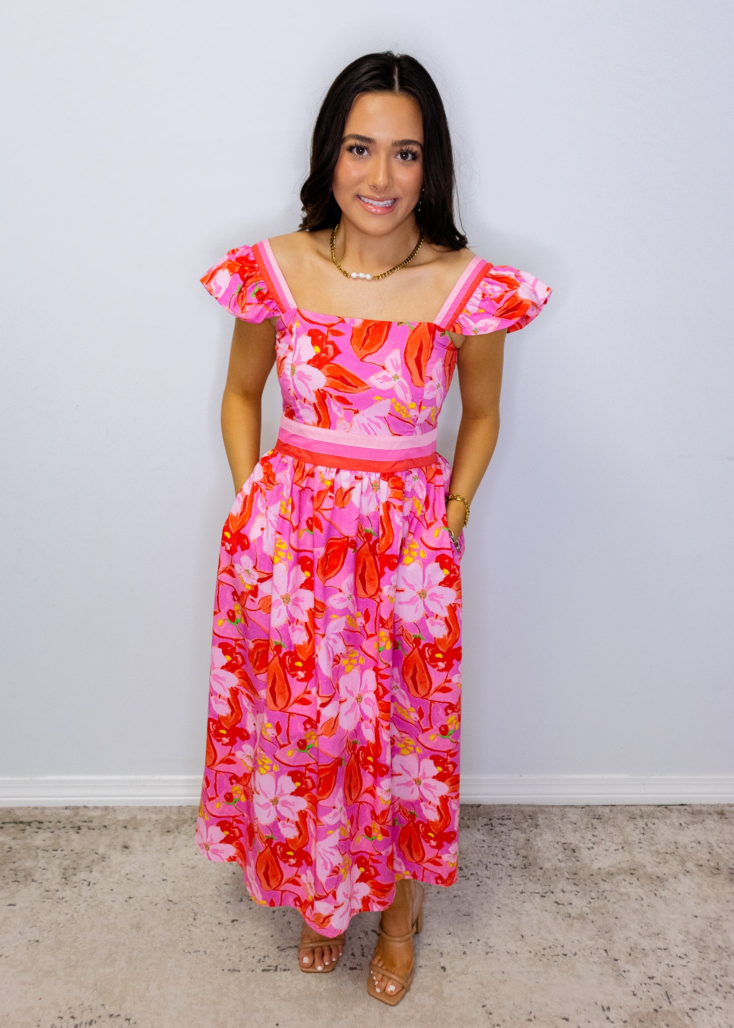 Fuchsia Floral Banded Midi Dress