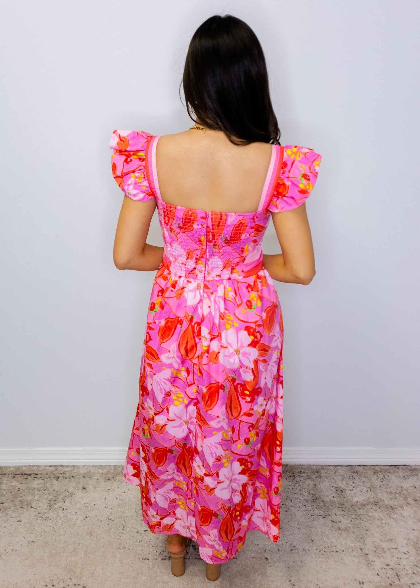 Fuchsia Floral Banded Midi Dress