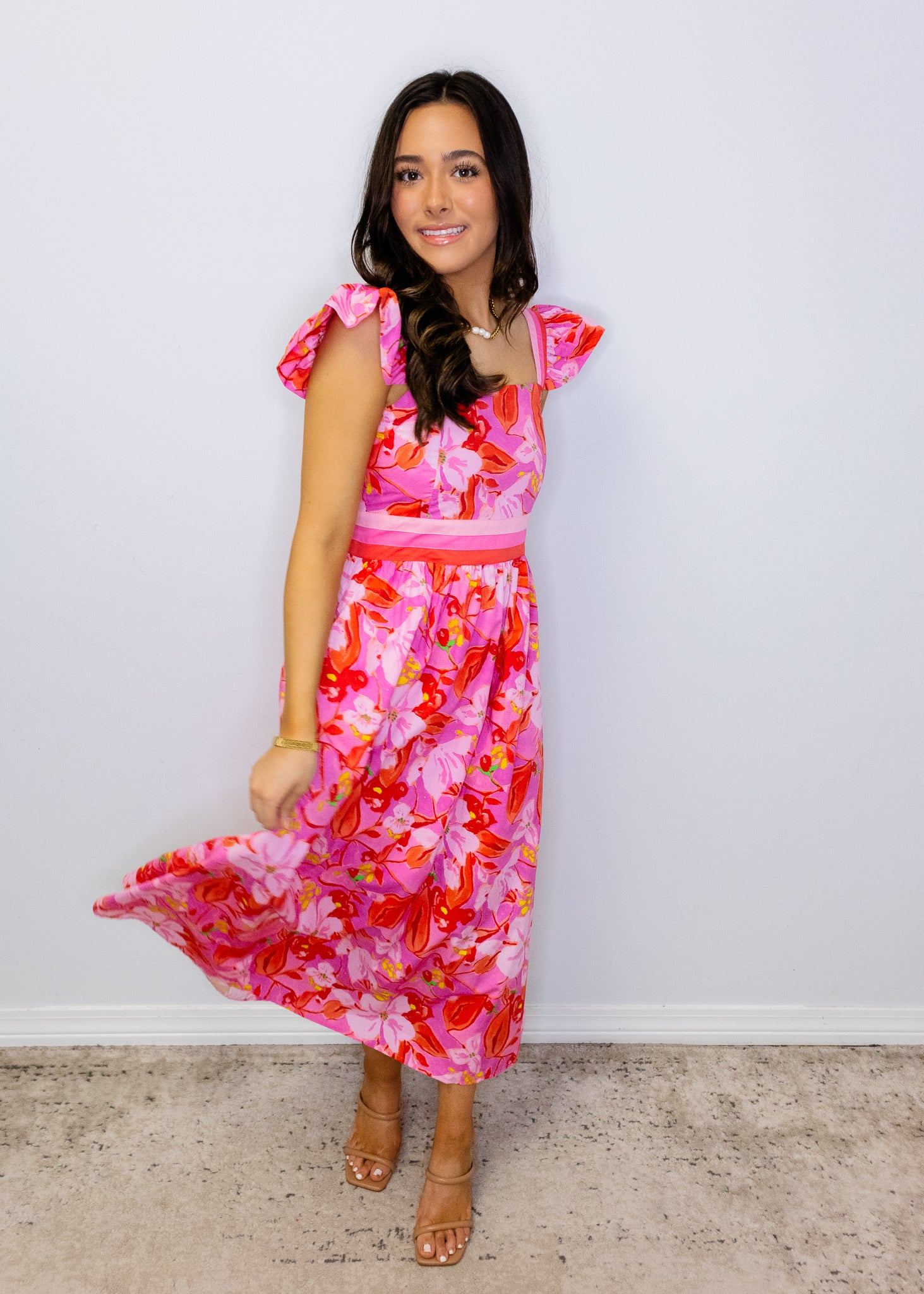 Fuchsia Floral Banded Midi Dress