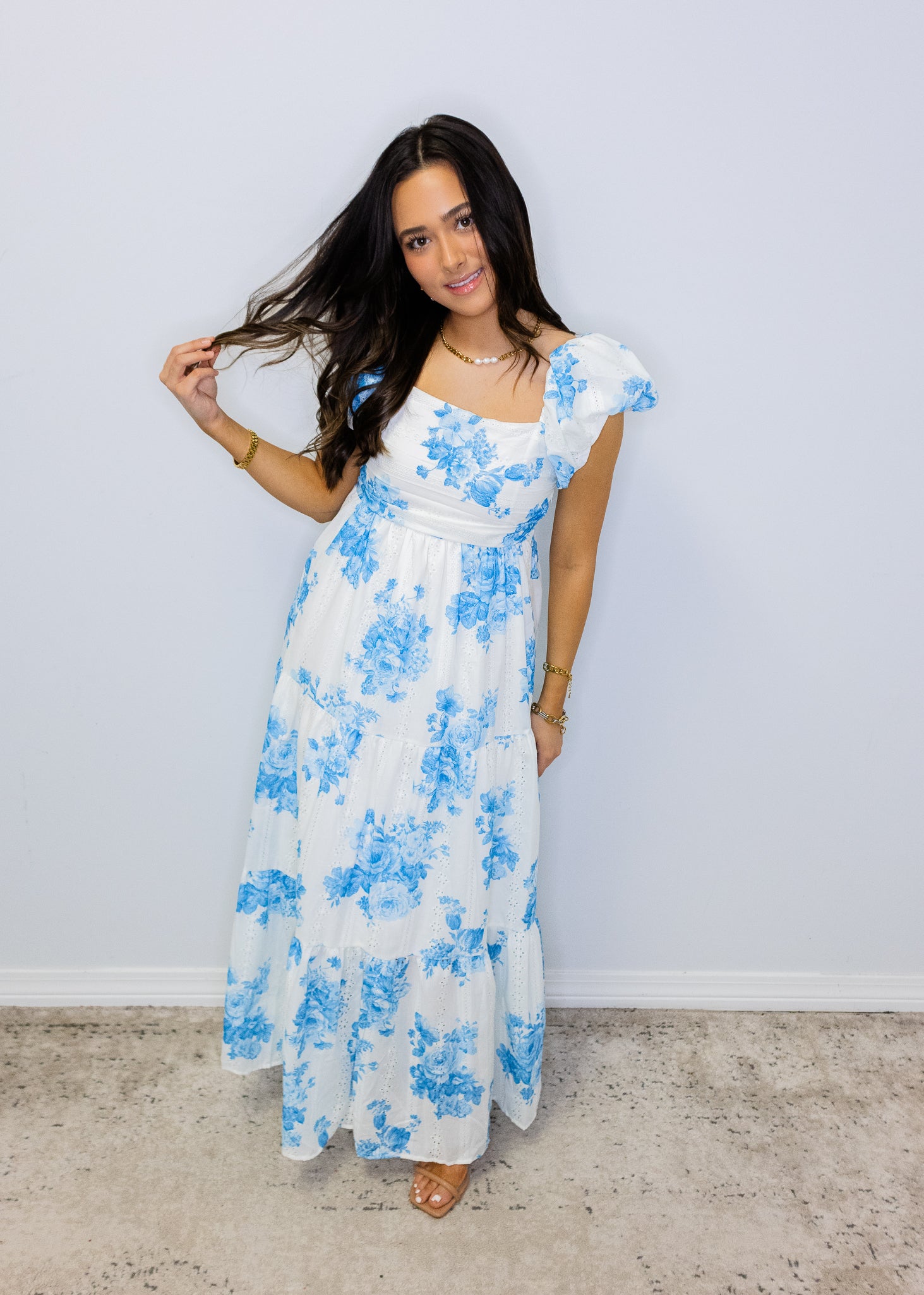 Blue Floral Smocked Maxi Dress