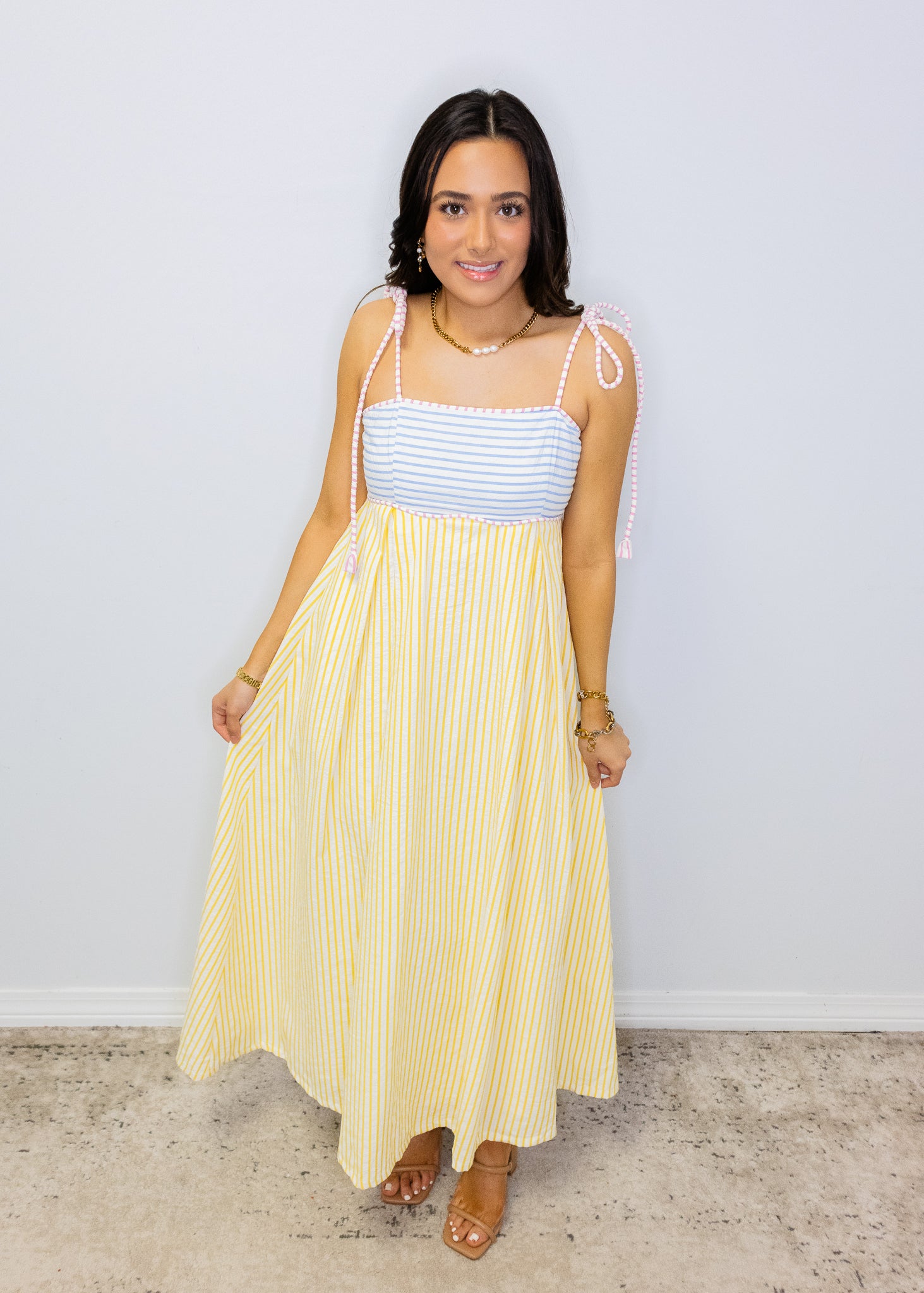 pastel striped midi dress Seer Pastel Smocked Striped Bow-Tie Midi Dress