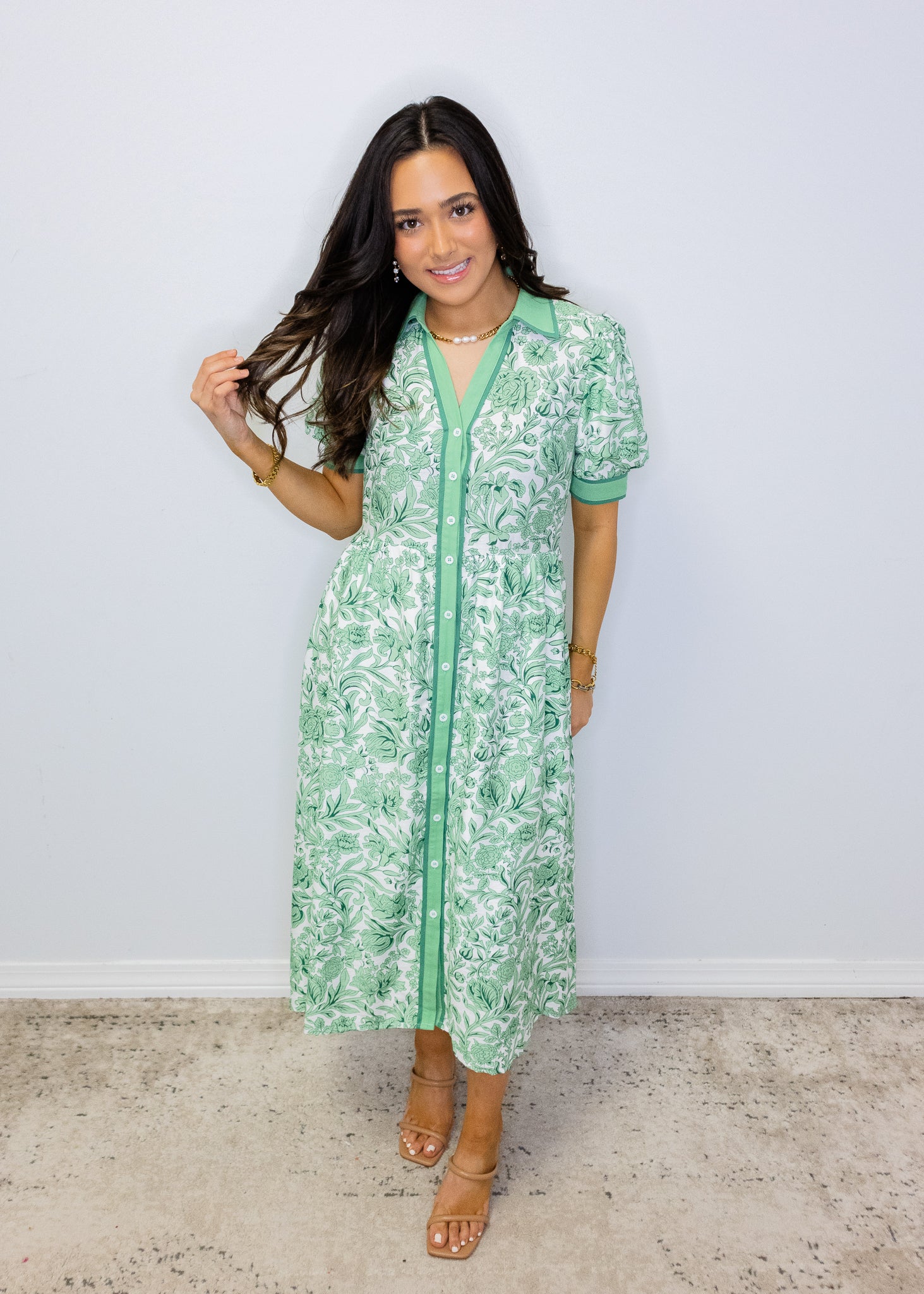 Green Floral Contrast Midi Dress