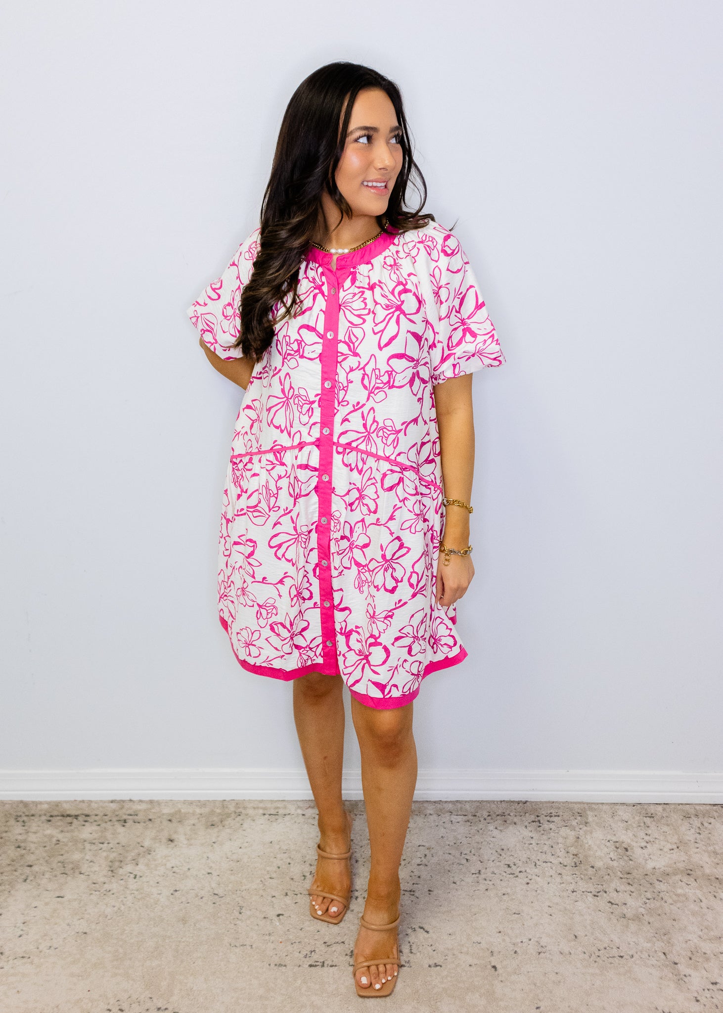 Hot Pink Floral Button Up Dress