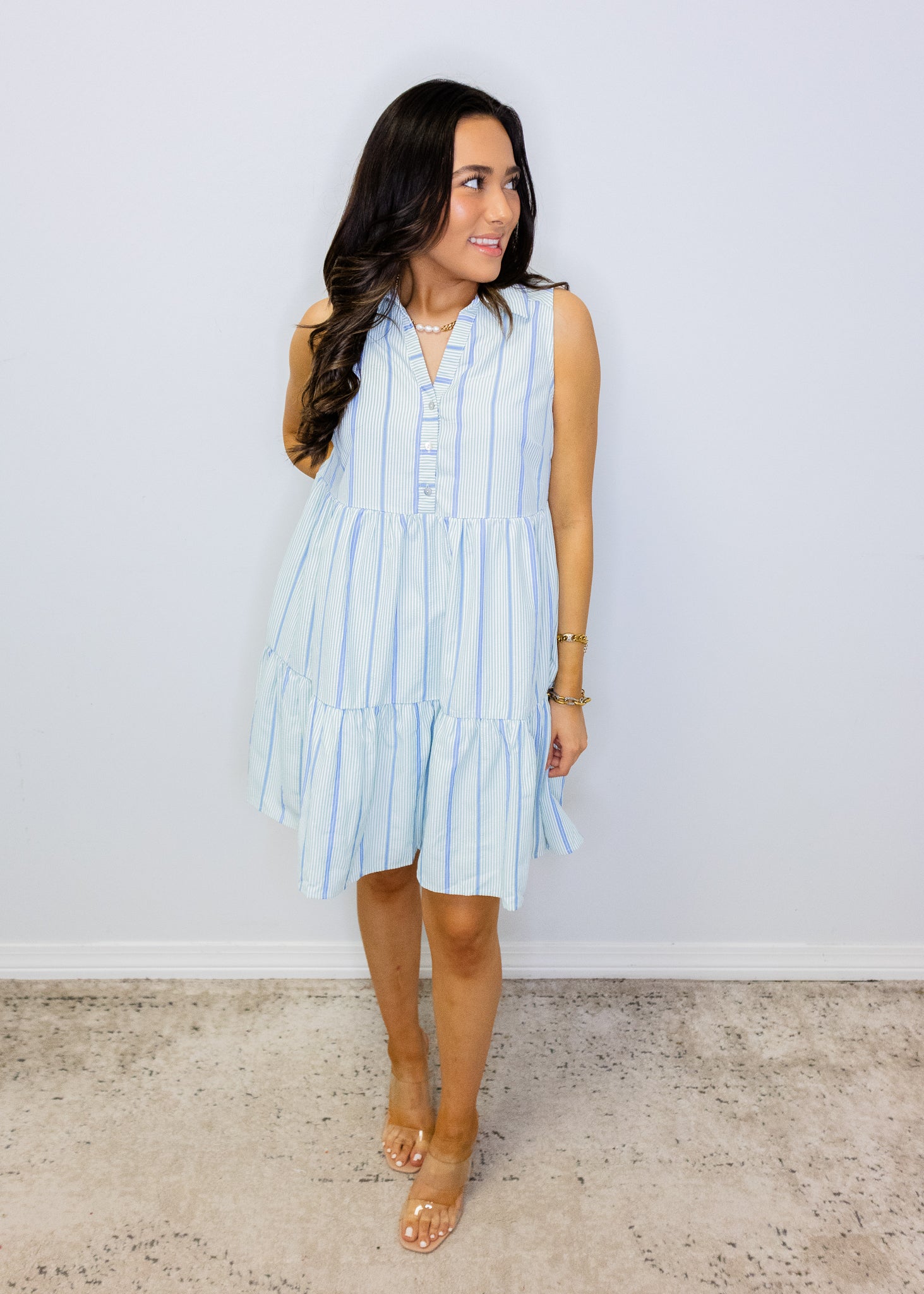 Mint Multi Stripe Tiered Dress