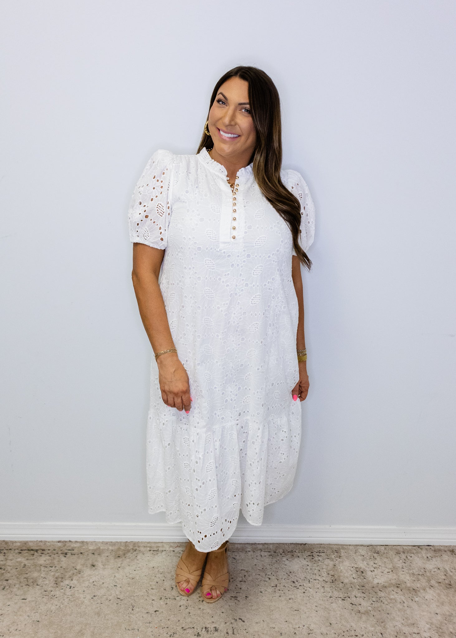 Off White Eyelet Midi Dress
