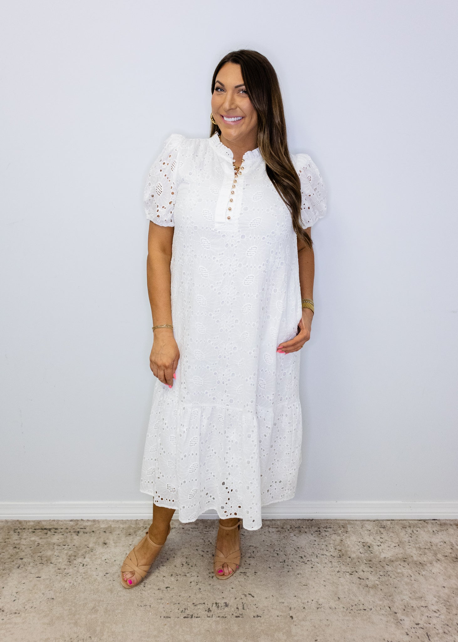 Off White Eyelet Midi Dress