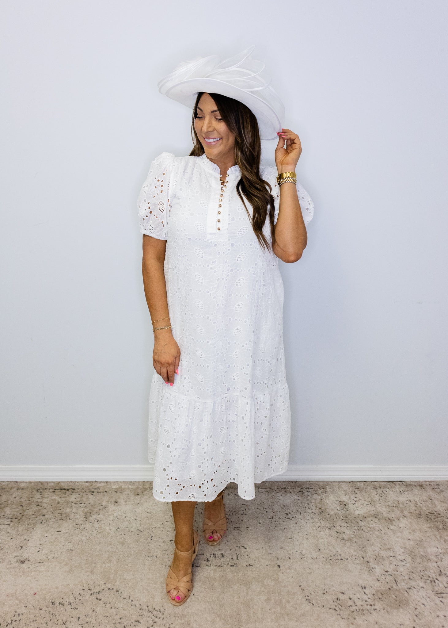 Off White Eyelet Midi Dress