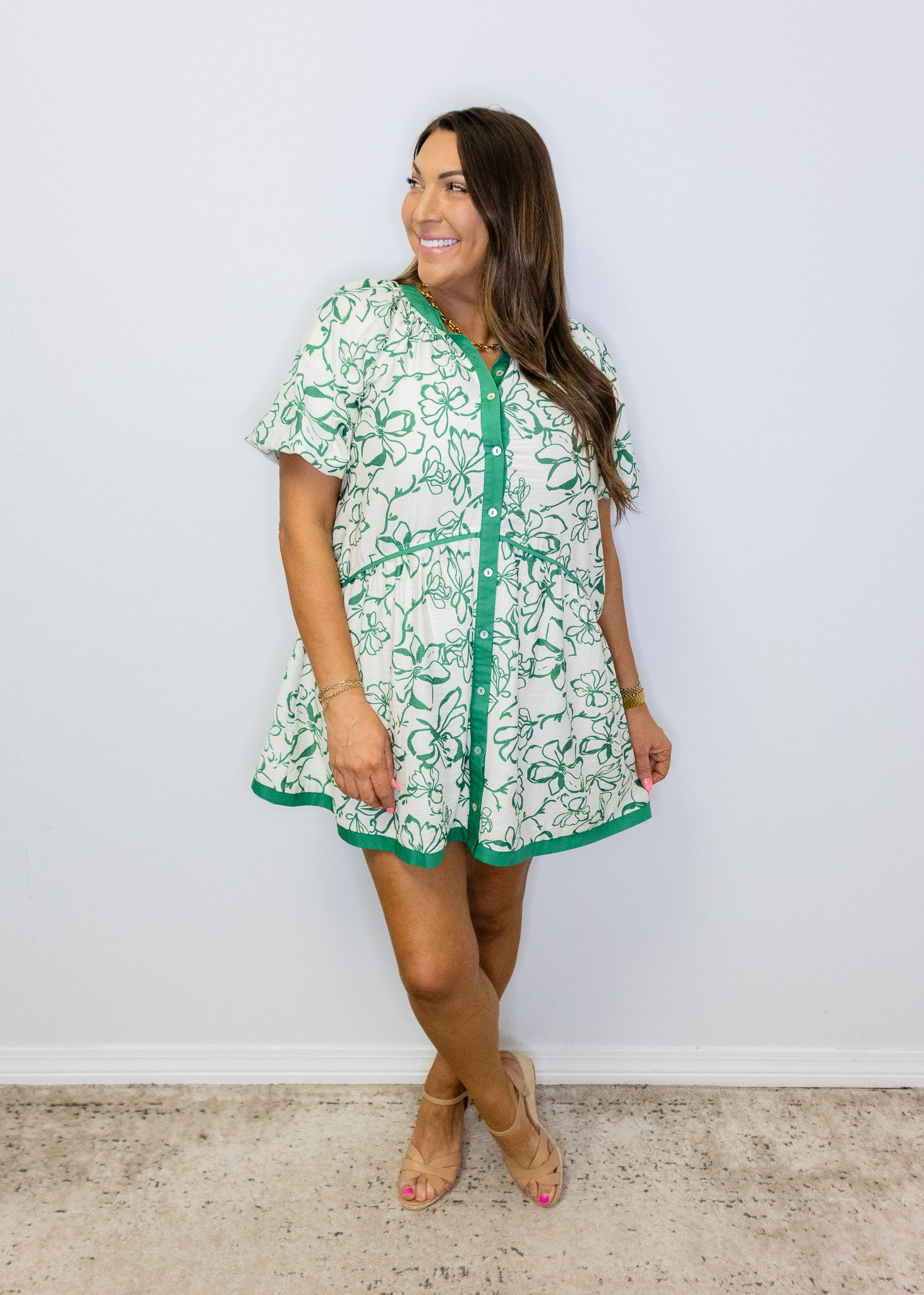 Green Floral Button Up Dress