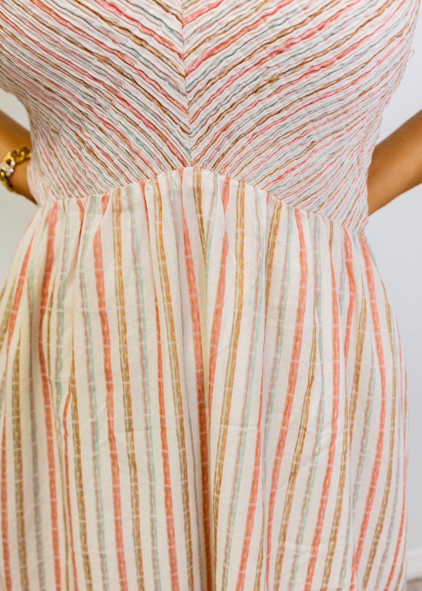 Beige Multi Stripe Smock Midi Dress