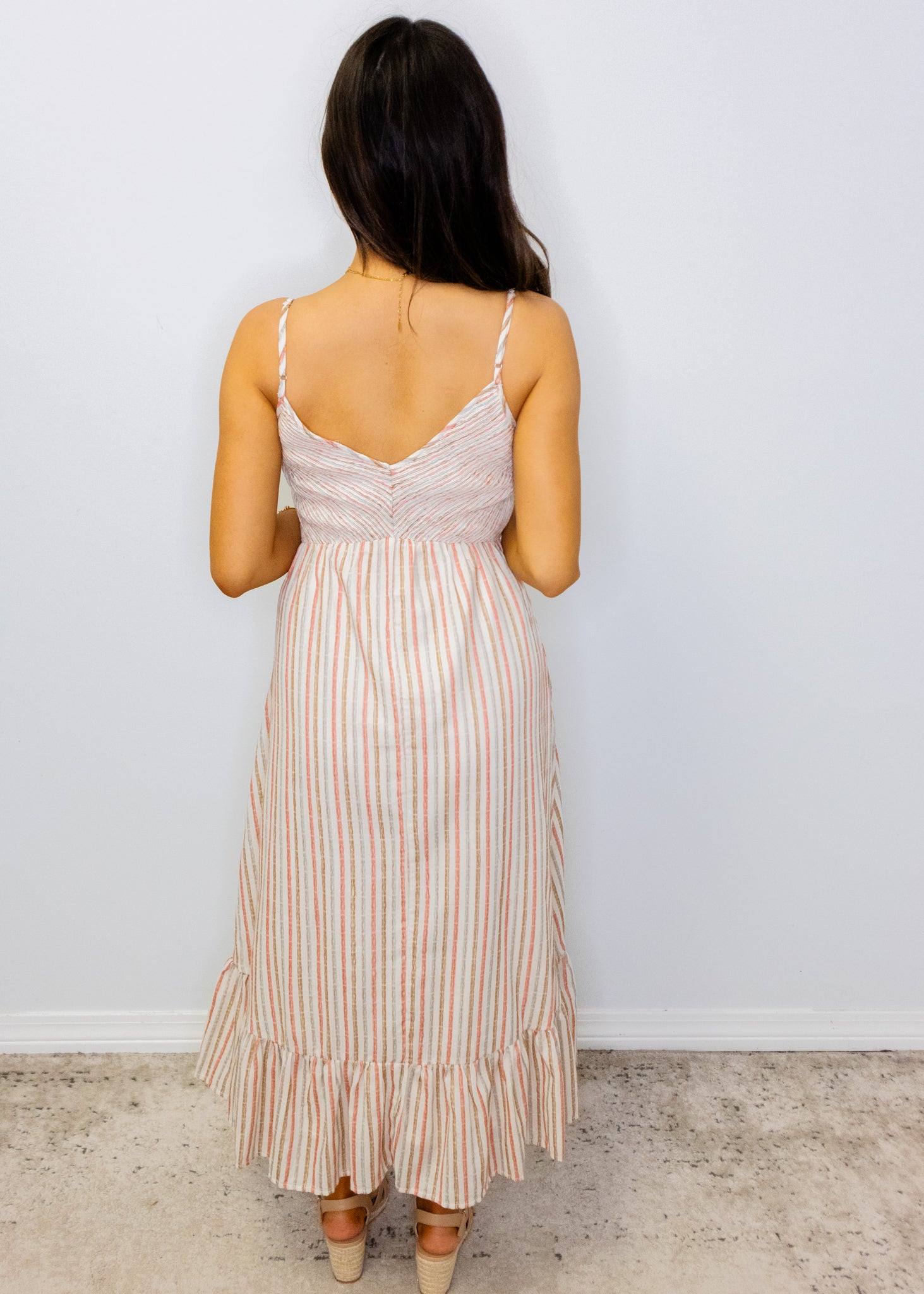 Beige Multi Stripe Smock Midi Dress
