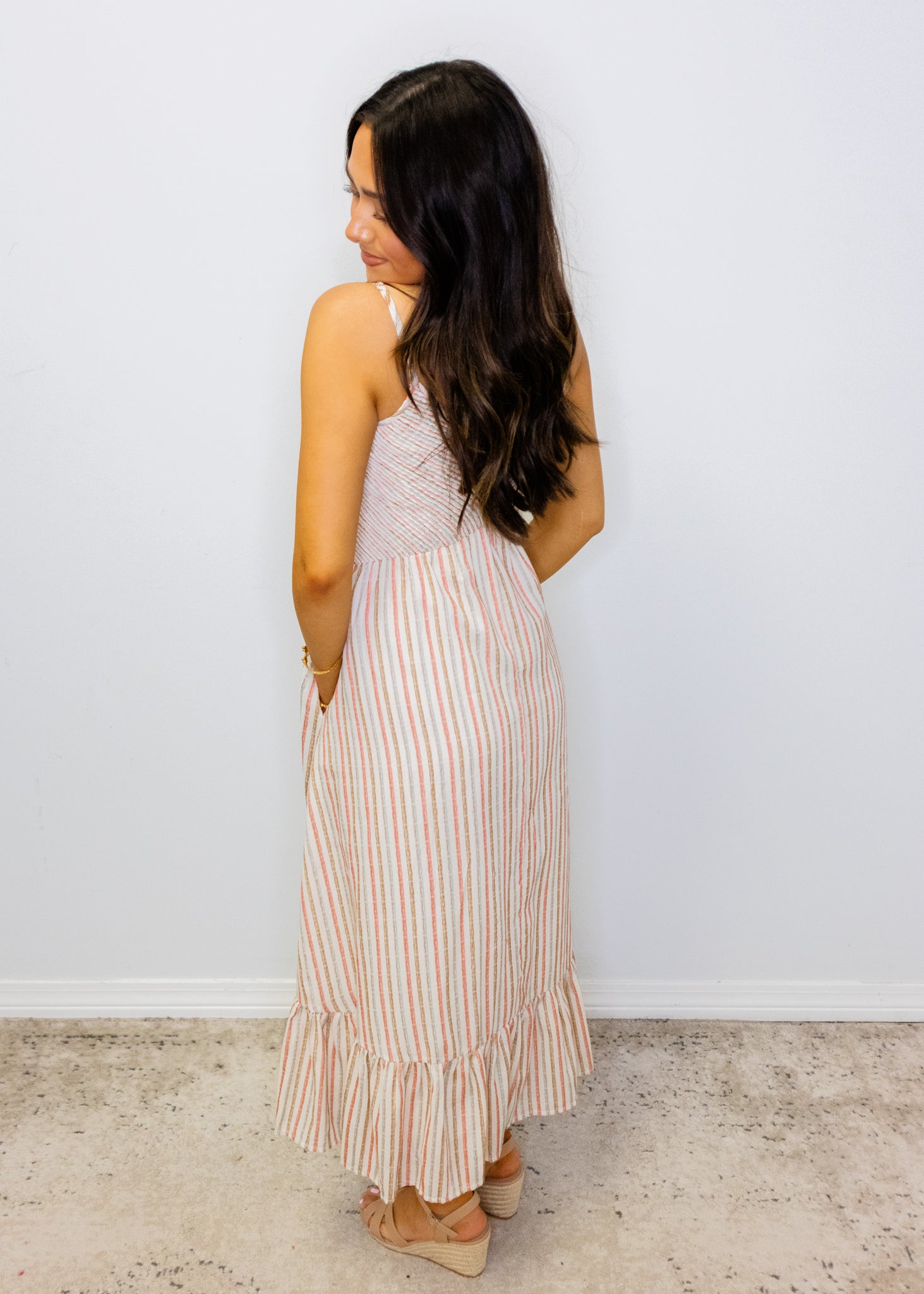 Beige Multi Stripe Smock Midi Dress