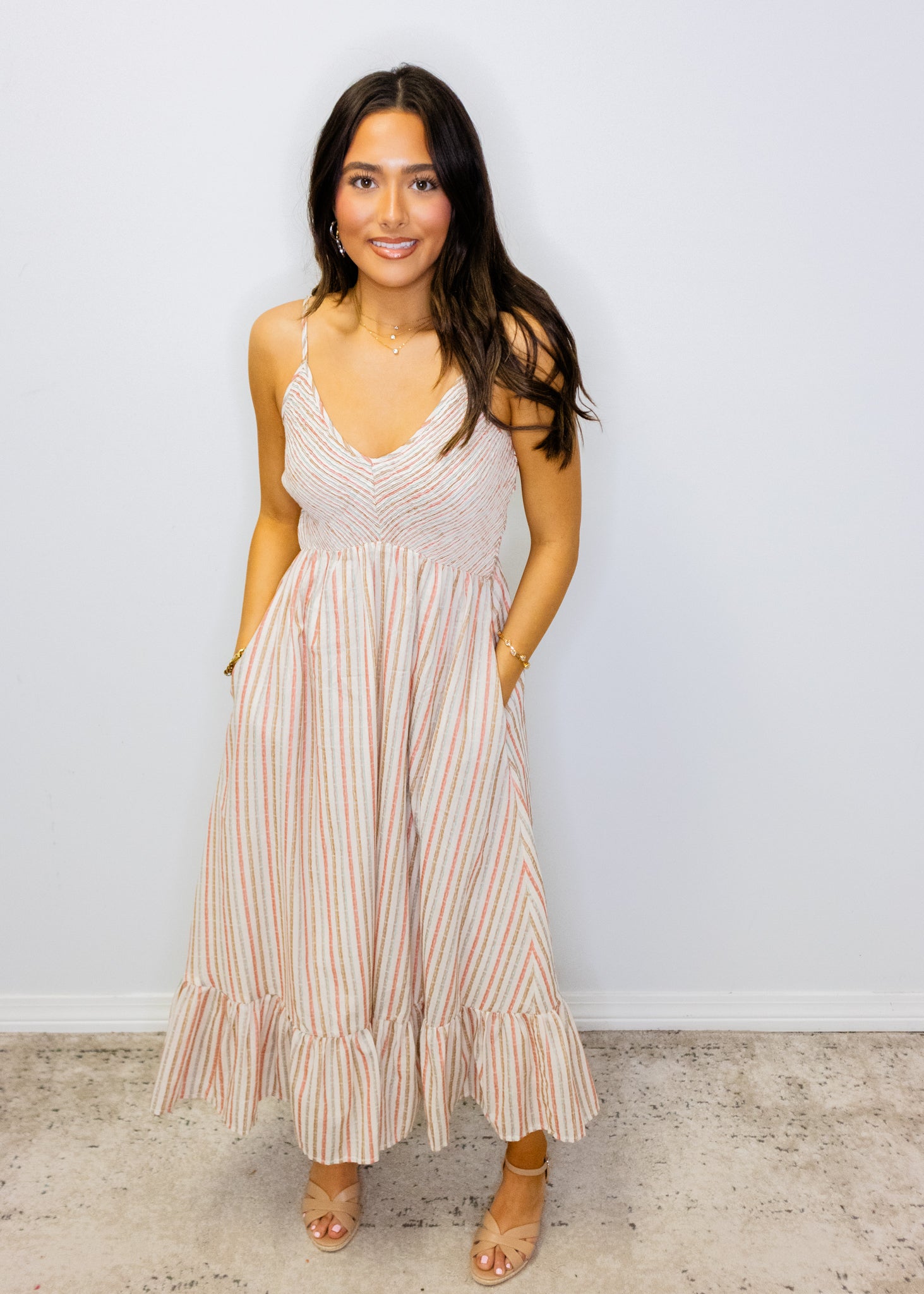 Beige Multi Stripe Smock Midi Dress