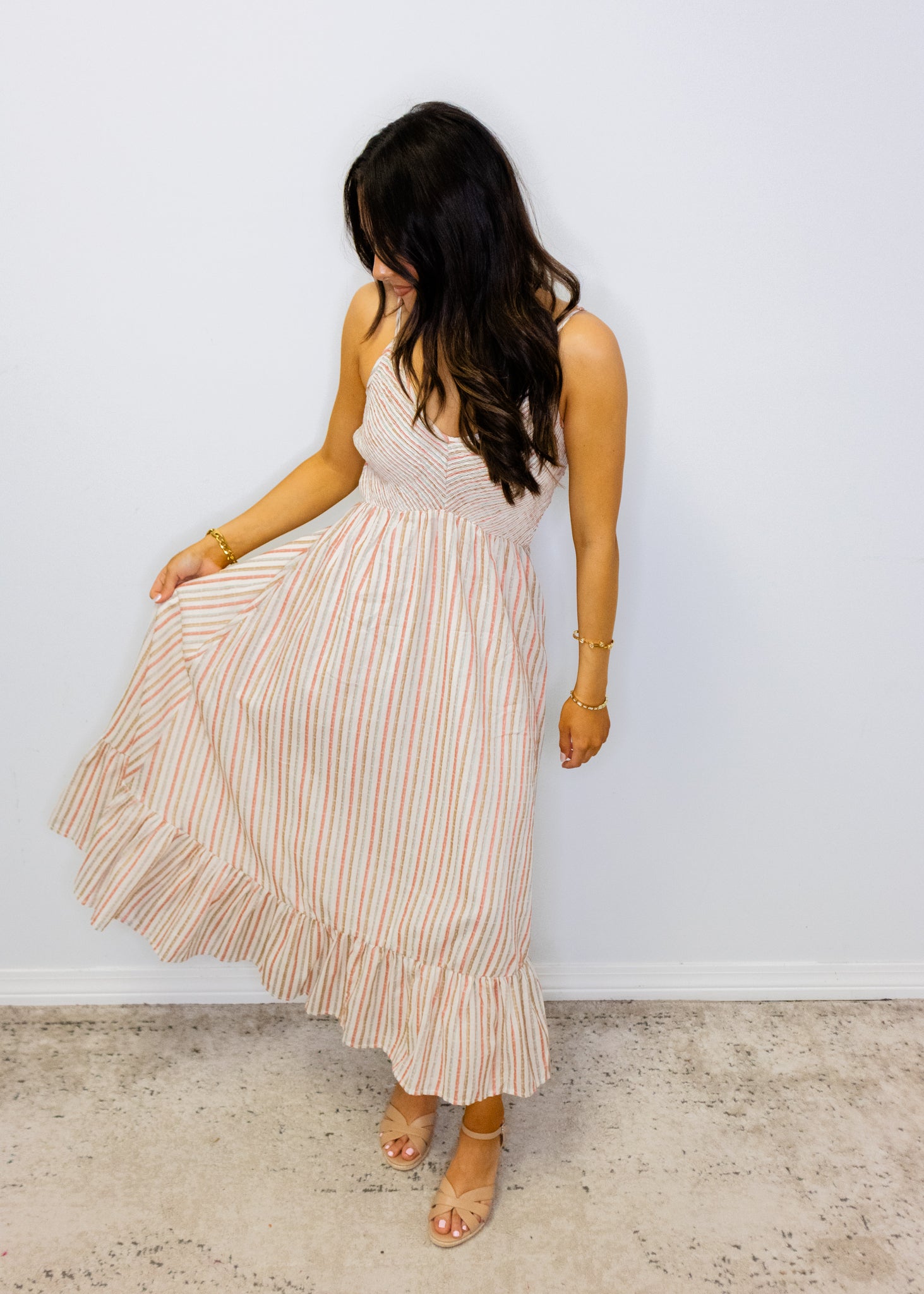Beige Multi Stripe Smock Midi Dress