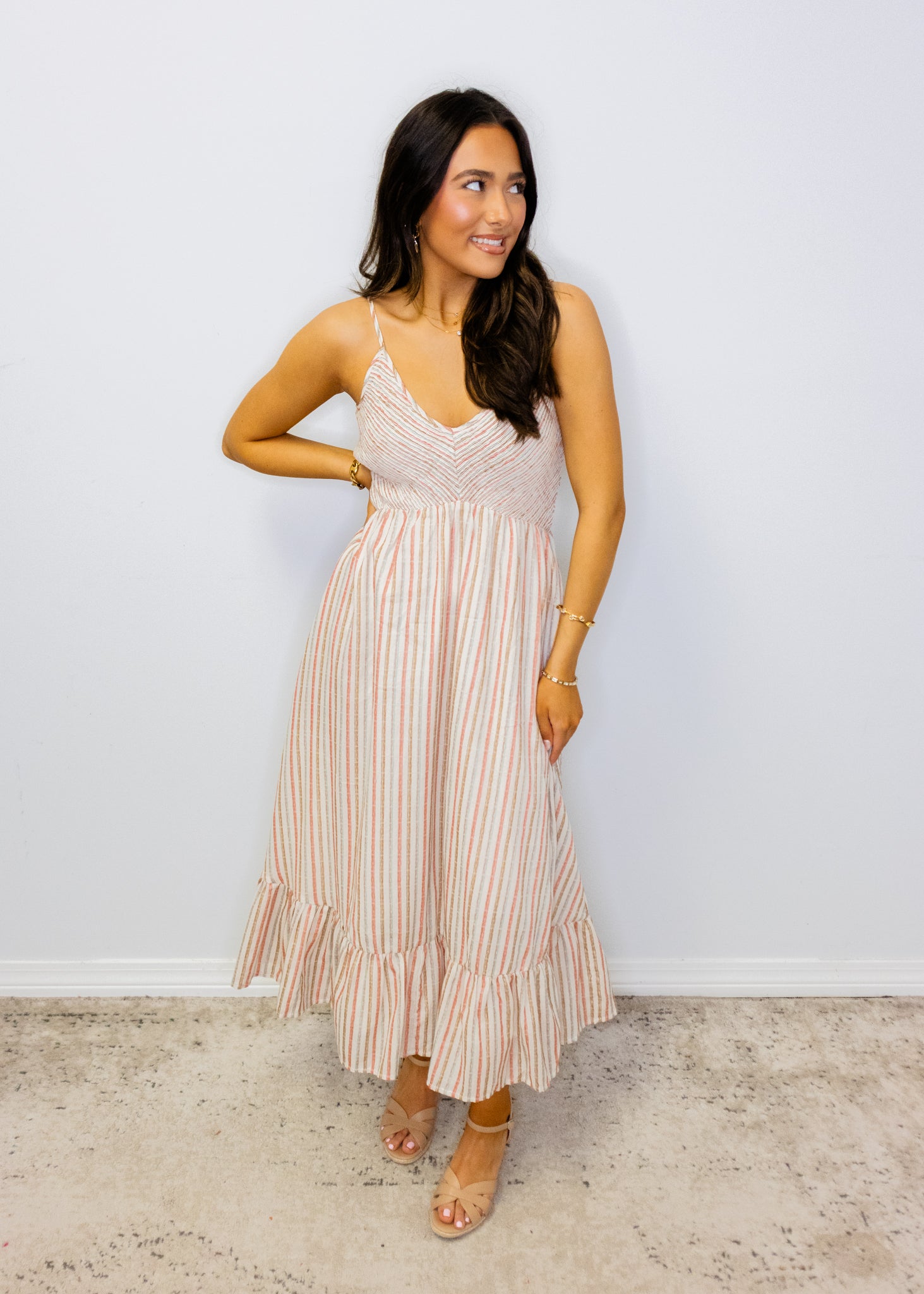 Beige Multi Stripe Smock Midi Dress