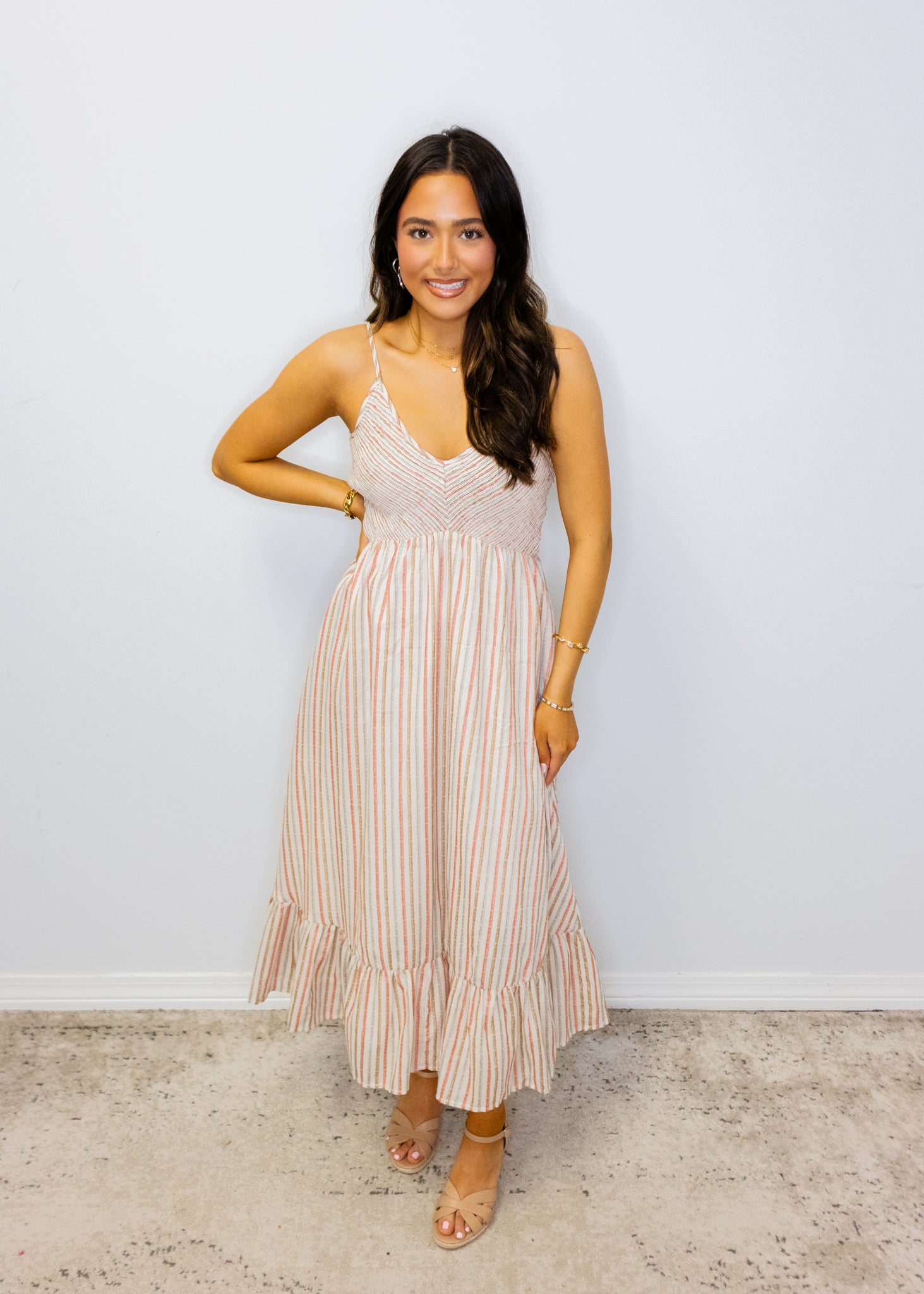 Beige Multi Stripe Smock Midi Dress