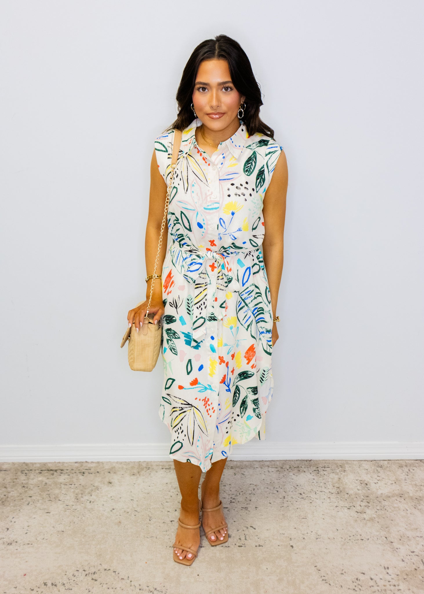 Cream Multi Abstract Print Midi Dress