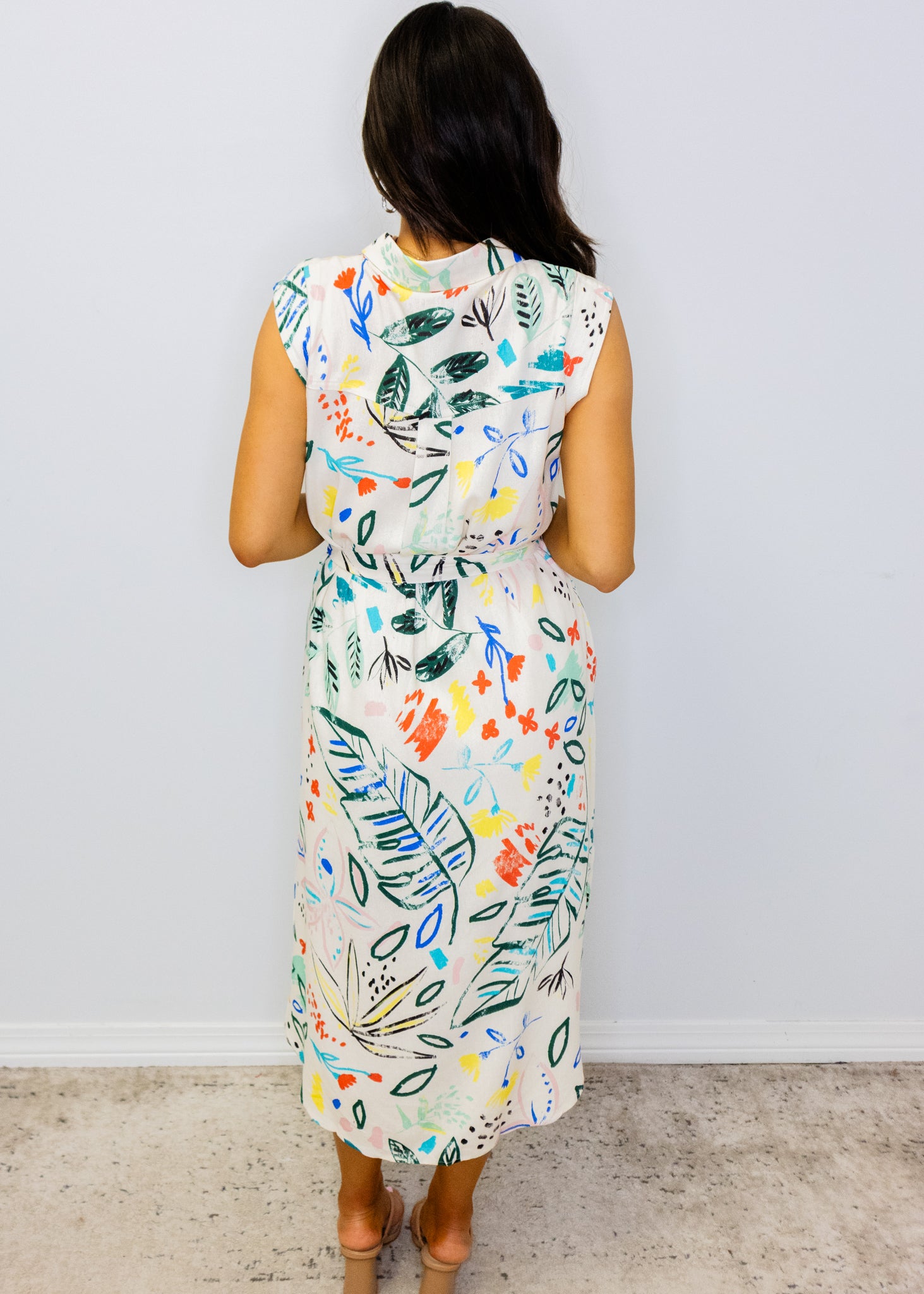 Cream Multi Abstract Print Midi Dress