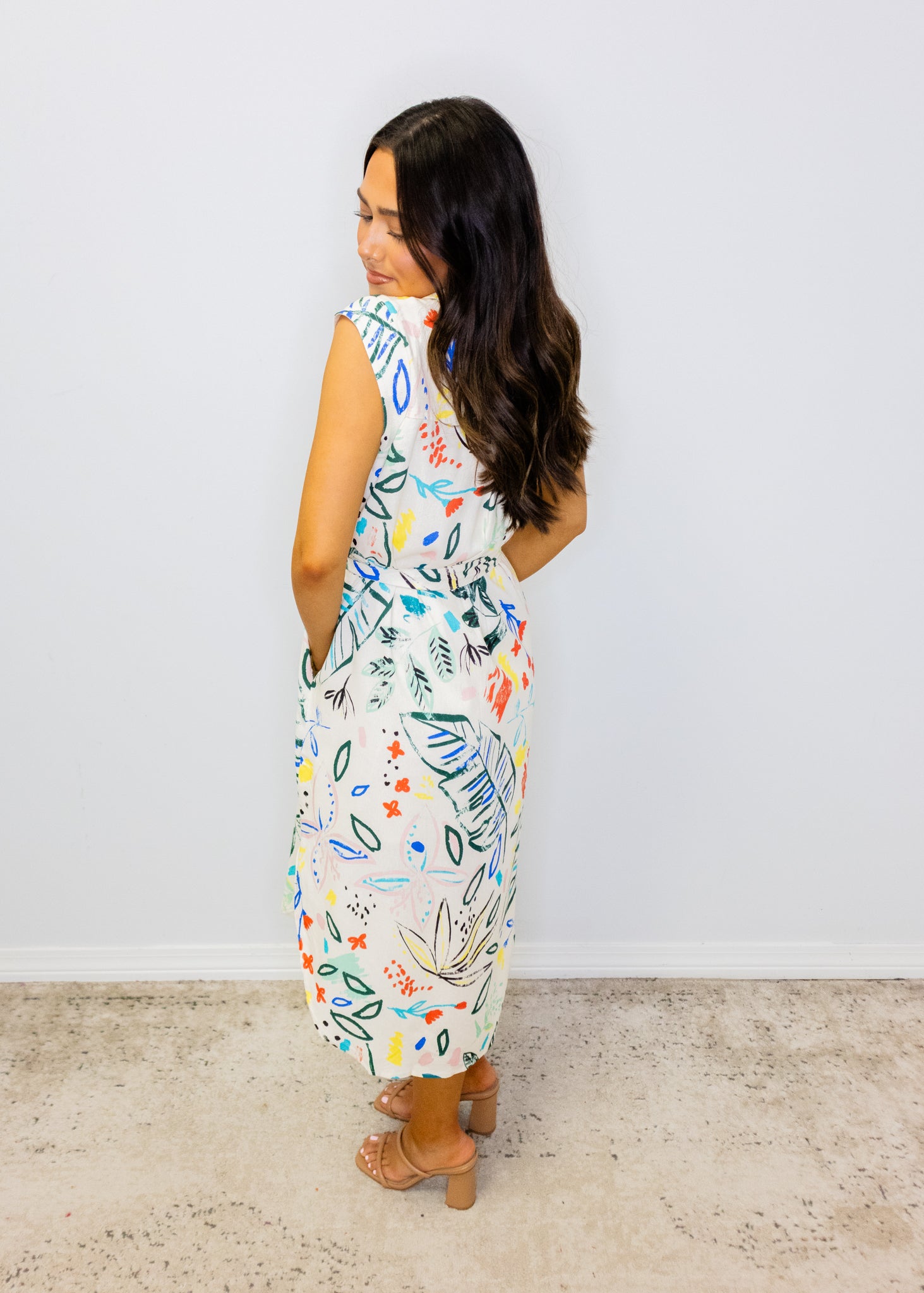 Cream Multi Abstract Print Midi Dress