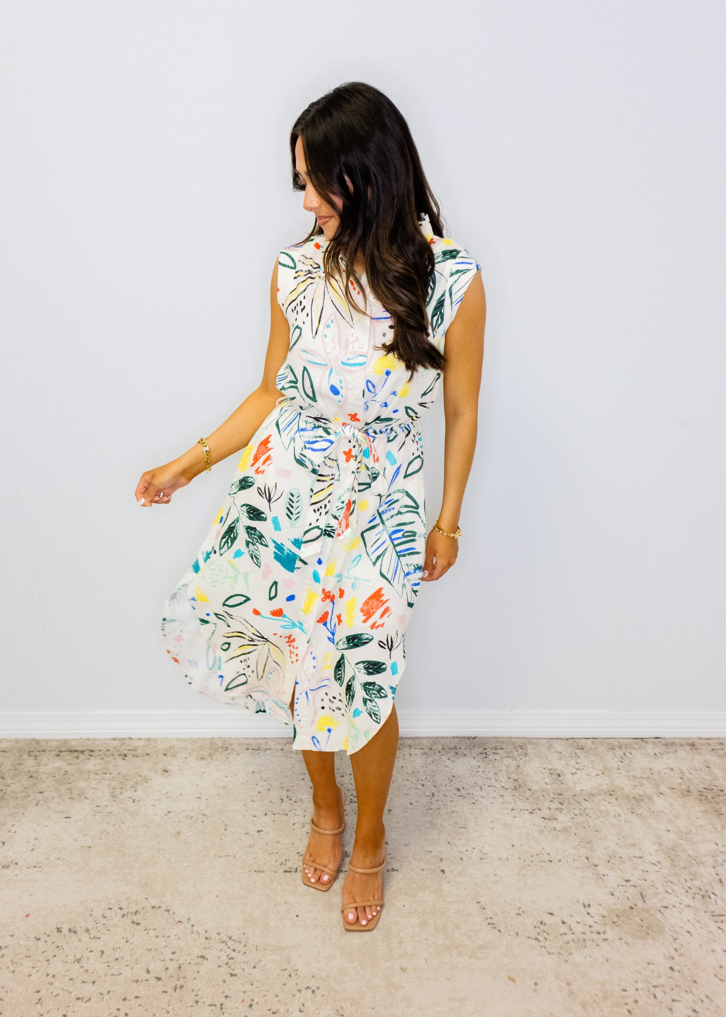 Cream Multi Abstract Print Midi Dress