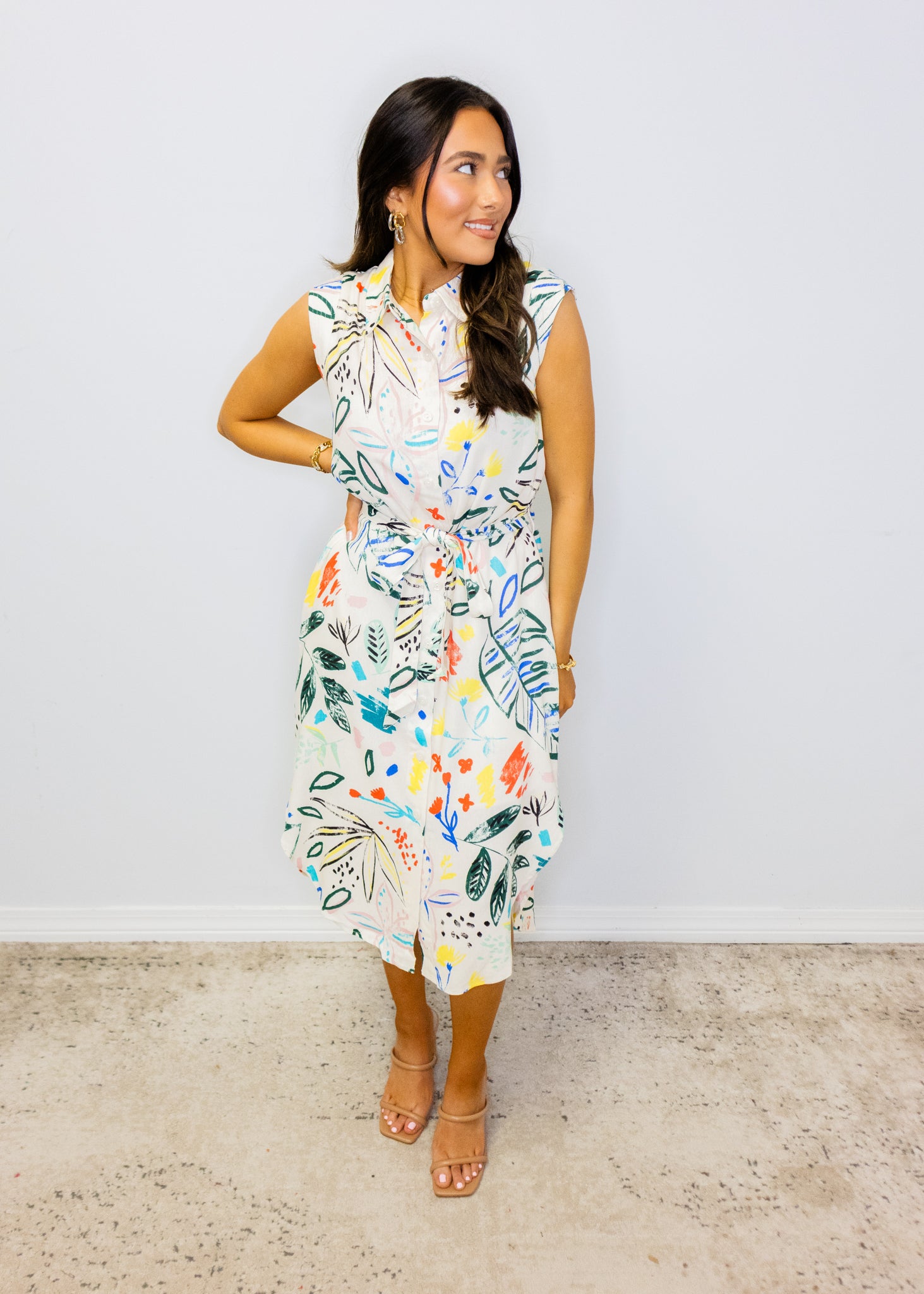 Cream Multi Abstract Print Midi Dress