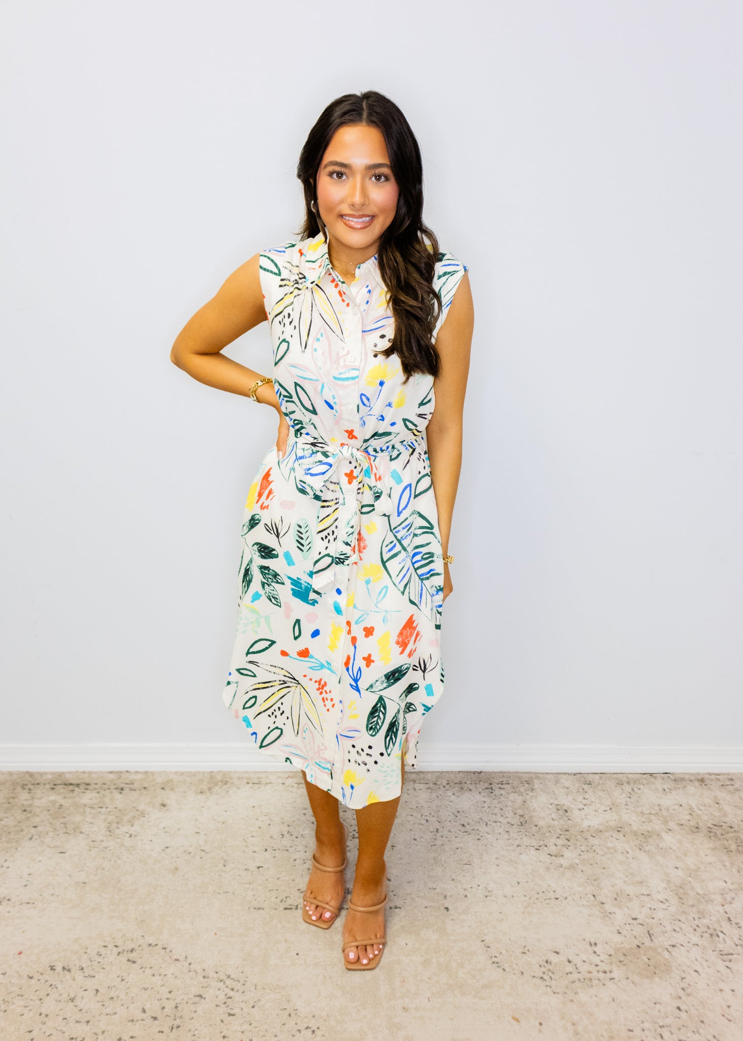 Cream Multi Abstract Print Midi Dress