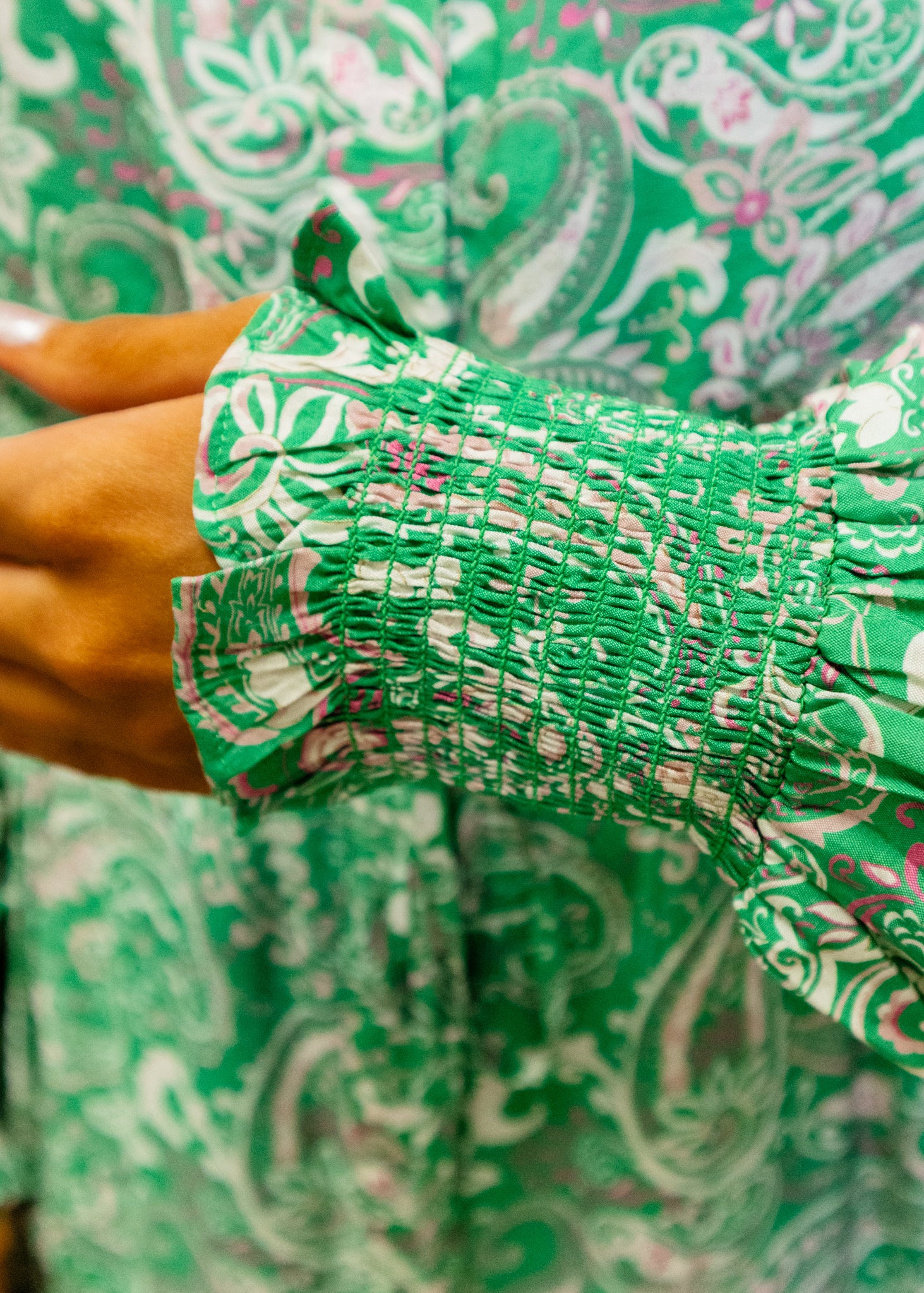 Green Paisley Print Button Down Dress