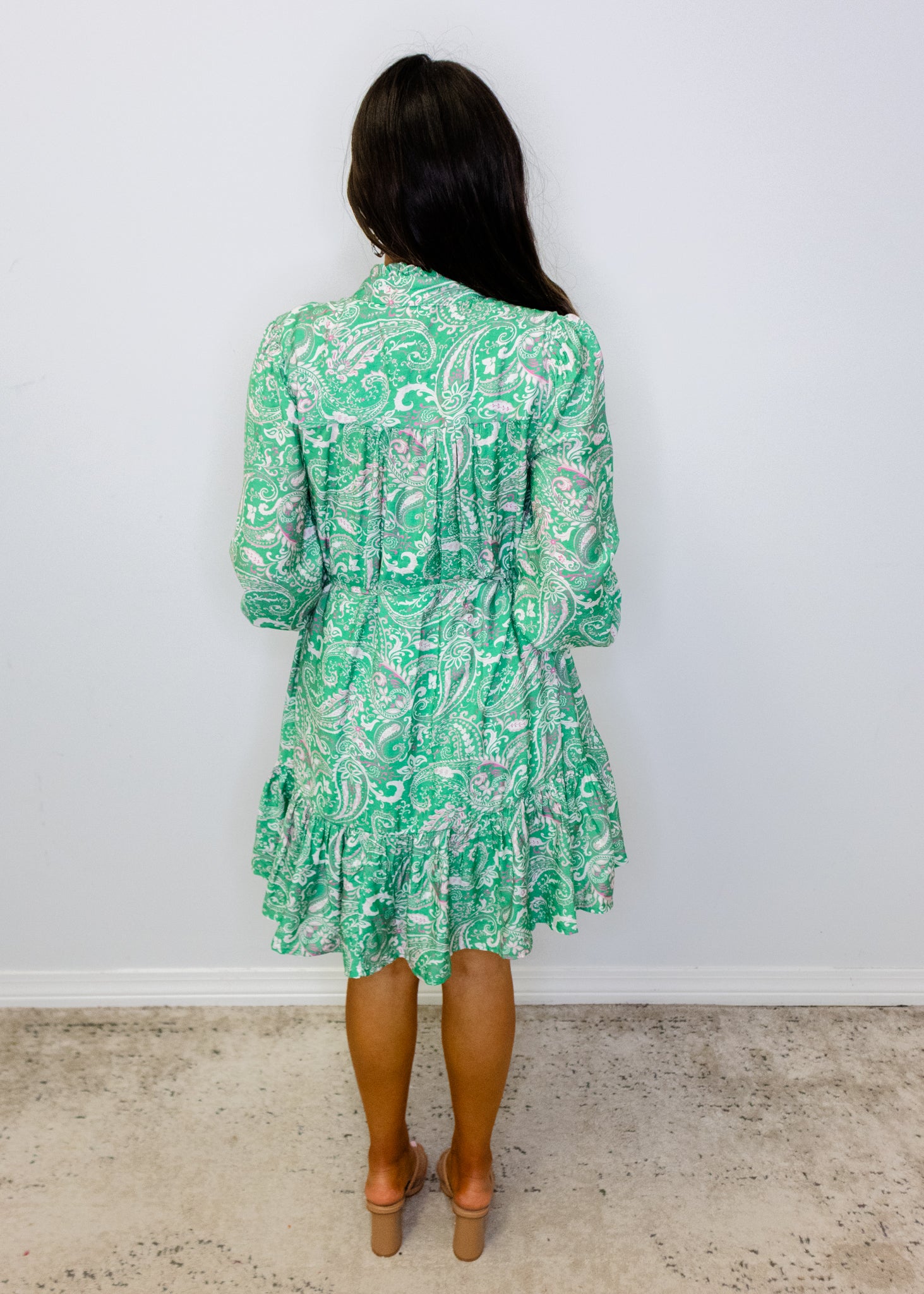 Green Paisley Print Button Down Dress