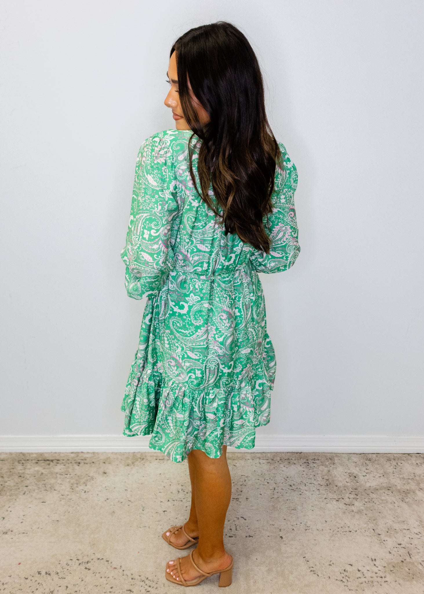 Green Paisley Print Button Down Dress