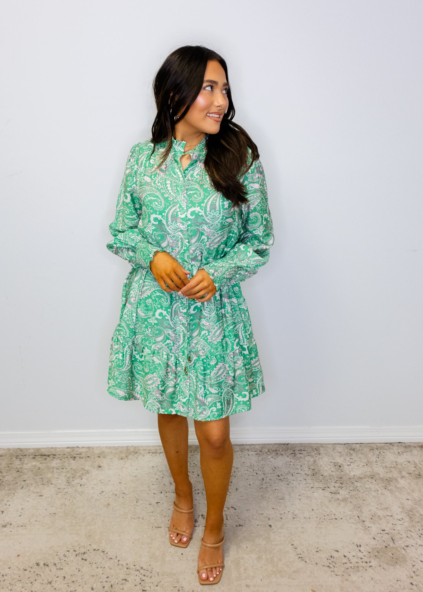 Green Paisley Print Button Down Dress