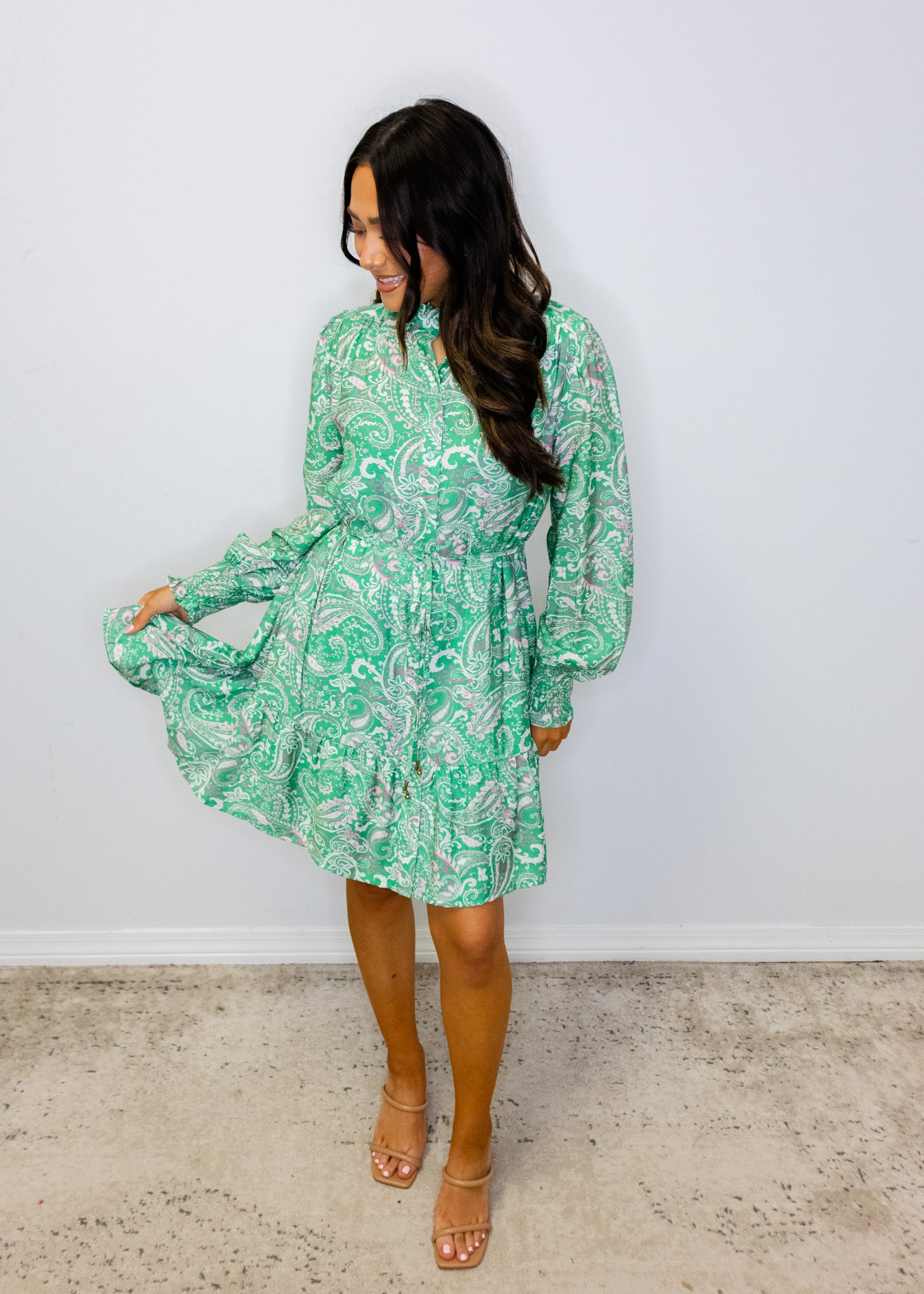Green Paisley Print Button Down Dress